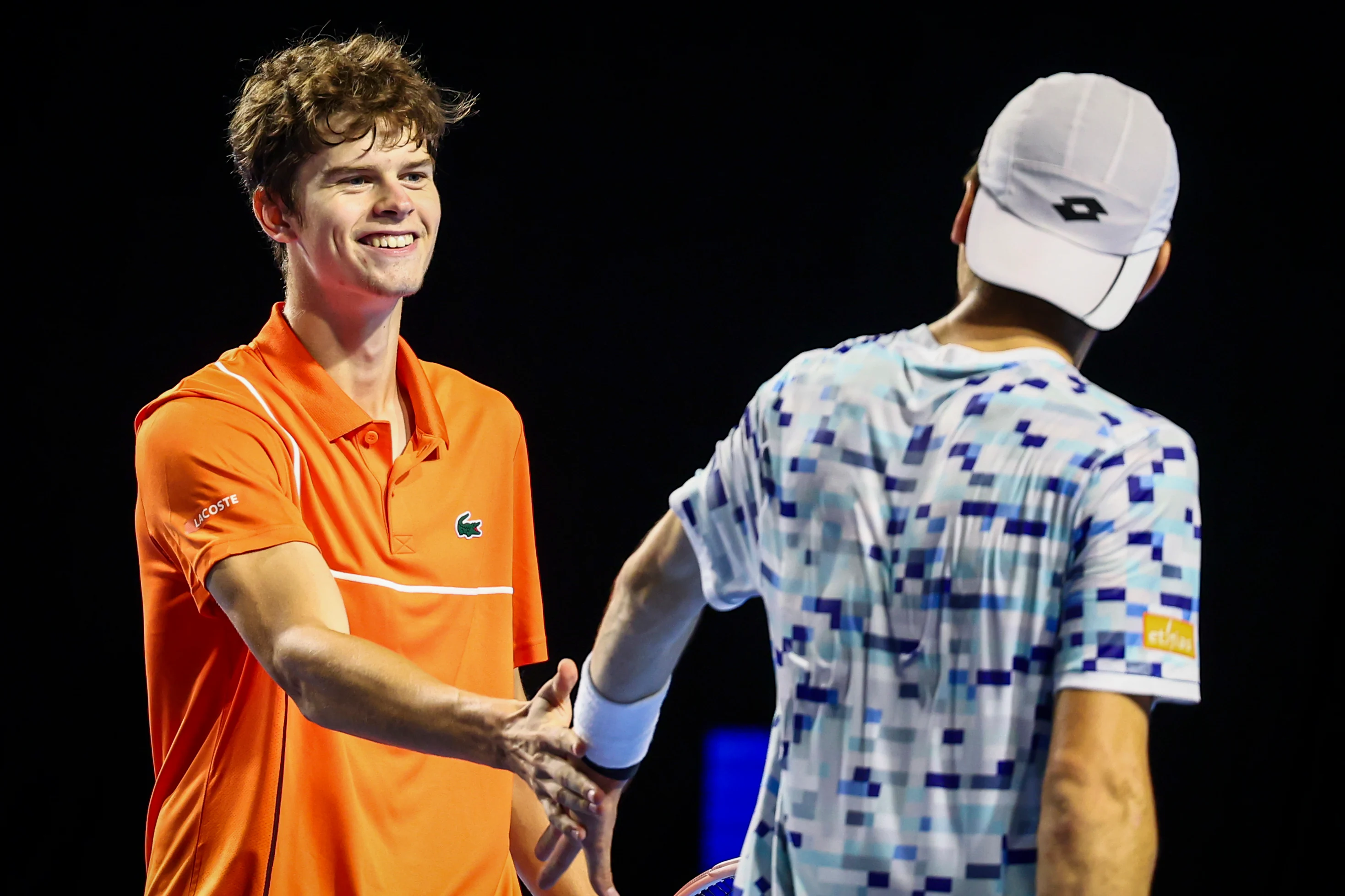 Belgian Alexander Blockx and Belgian Raphael Collignon pictured during a tennis match in the round of 16 of the doubles competition at the ATP European Open Tennis tournament in Antwerp, Wednesday 16 October 2024. BELGA PHOTO DAVID PINTENS