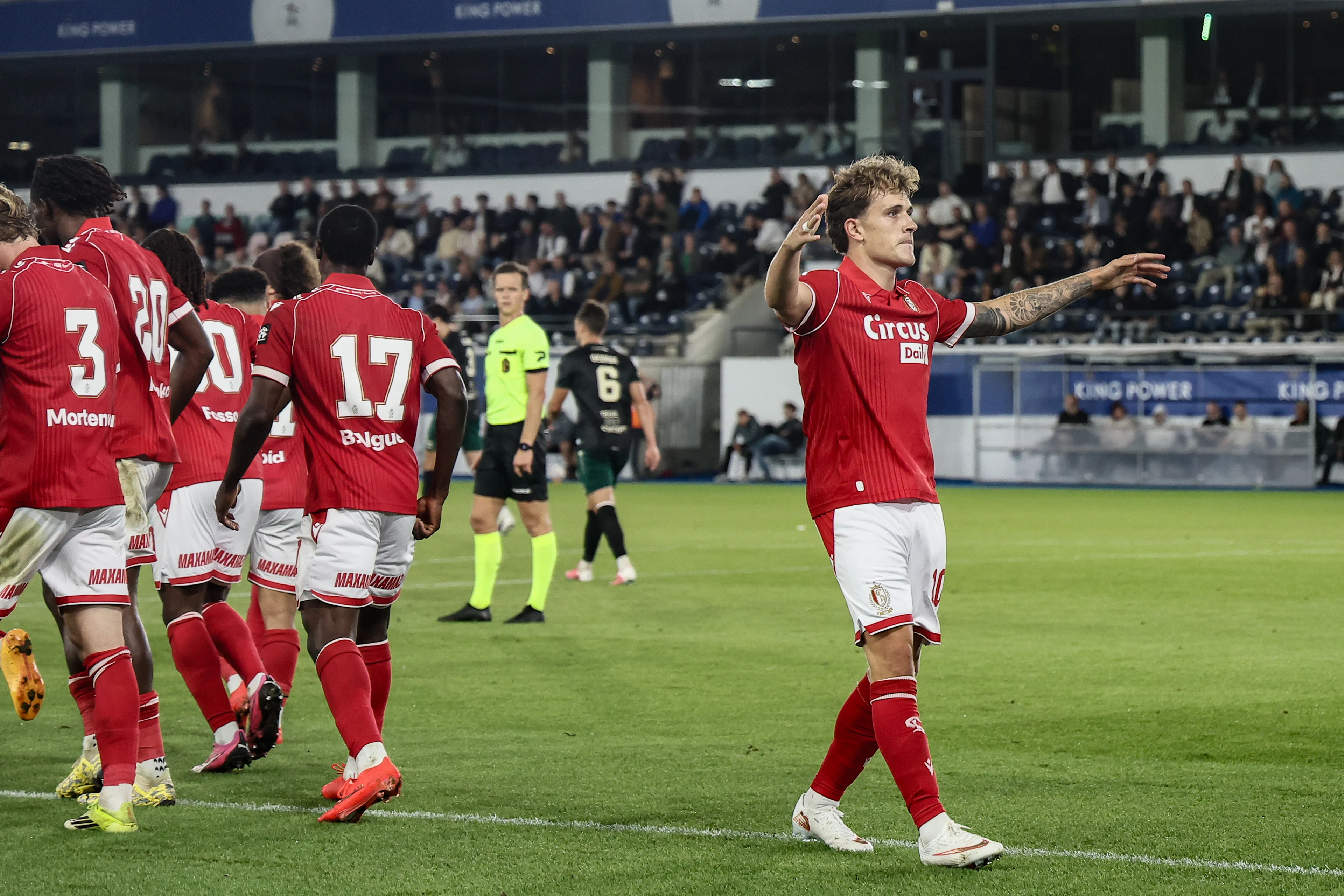 Standard's Dennis Eckert celebrates after scoring during a soccer match between Oud-Heverlee Leuven and Standard de Liège, Saturday 29 August 2026 in Leuven, on day 4 of the 2026-2027 'Jupiler Pro League' first division of the Belgian championship. BELGA PHOTO BRUNO FAHY