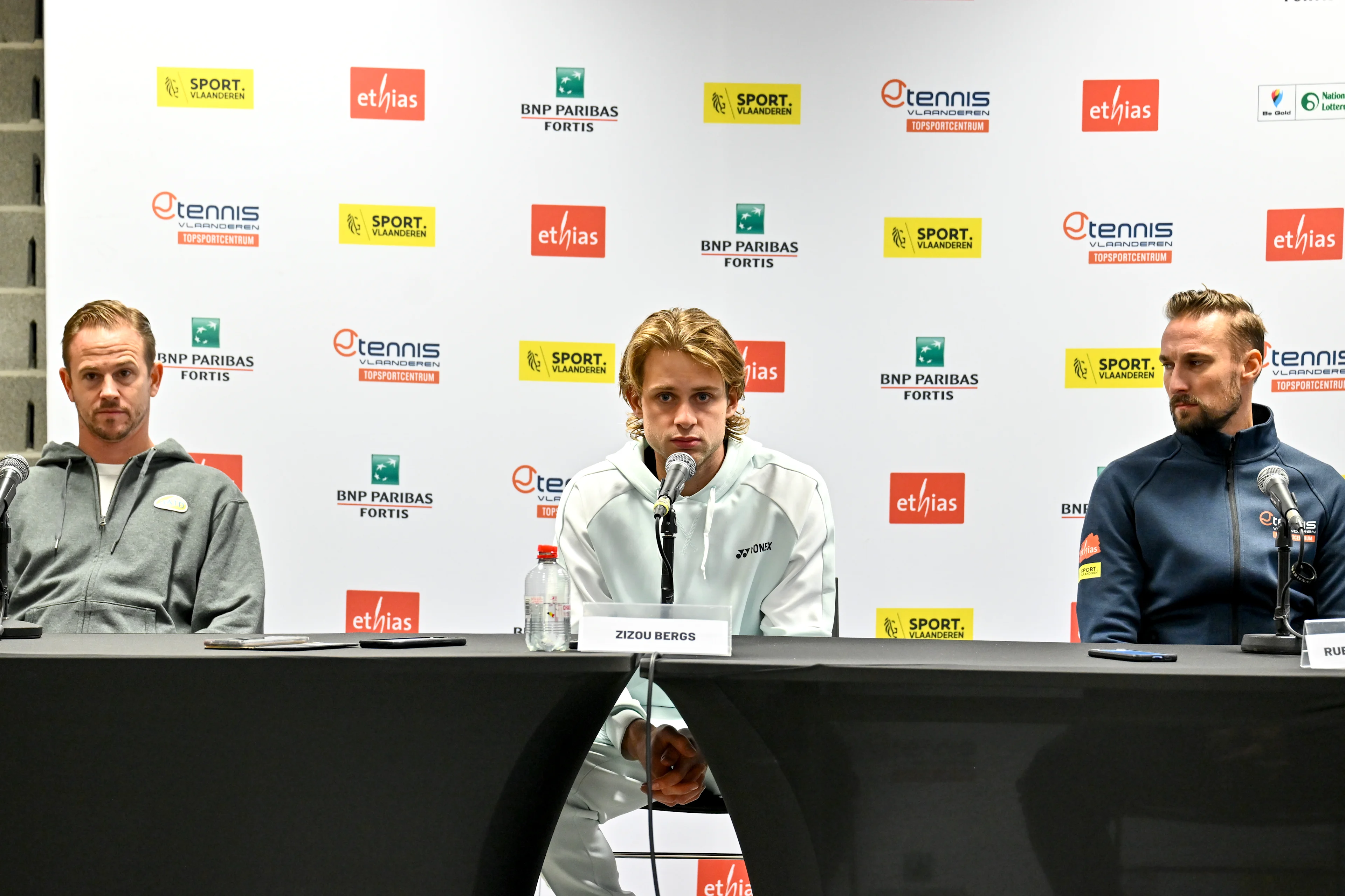 Coach Joran Vliegen, Zizou Bergs and coach Ruben Bemelmans a press conference of tennis player Bergs on his collaboration with coach Vliegen, on Thursday 21 November 2024 in Wilrijk, Antwerp. BELGA PHOTO DIRK WAEM