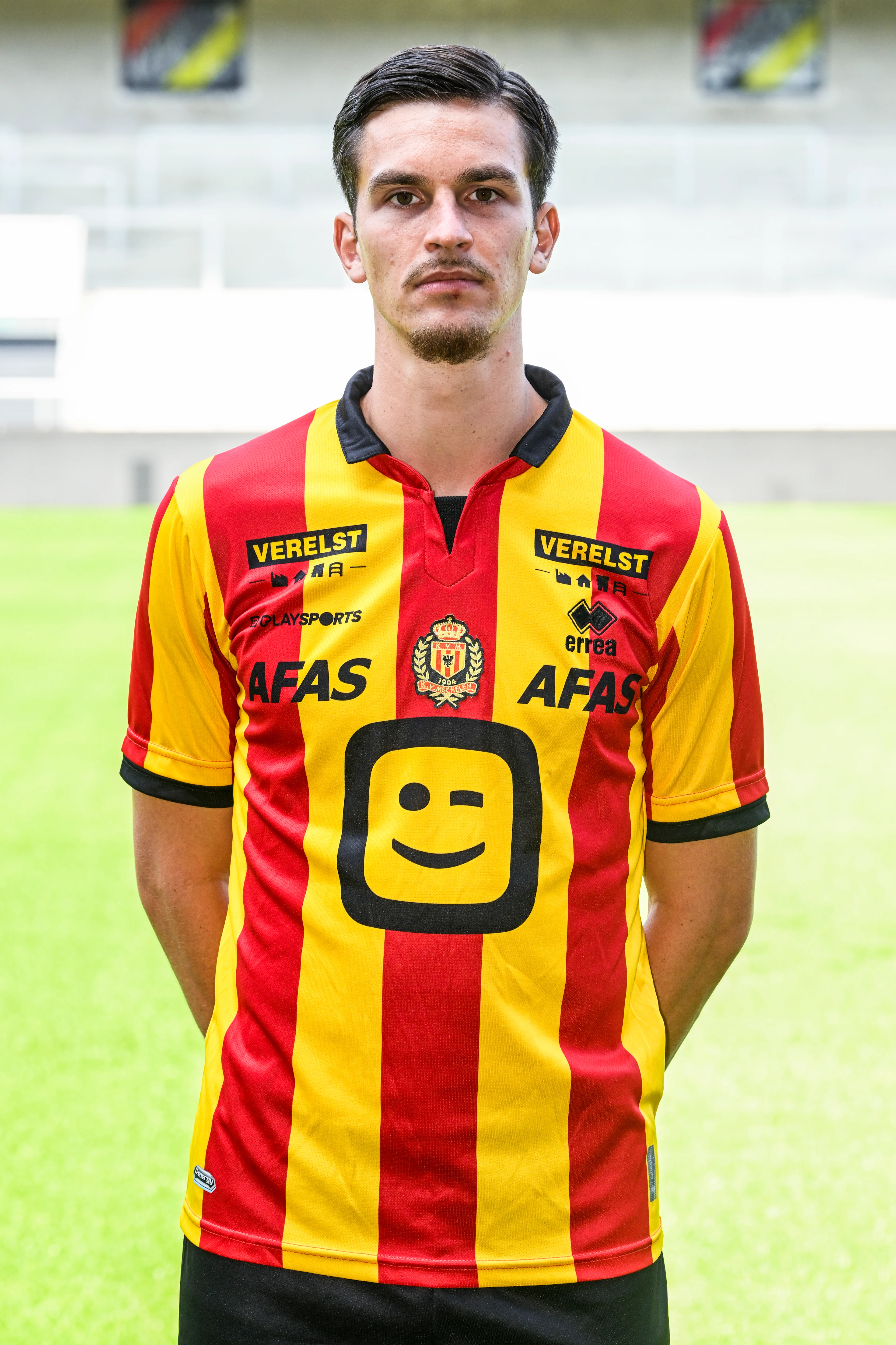 Mechelen's Alec Van Hoorenbeeck poses for a portrait picture at the 2023-2024 season photoshoot of Belgian Jupiler Pro League team KV Mechelen, Tuesday 18 July 2023 in Mechelen. BELGA PHOTO TOM GOYVAERTS