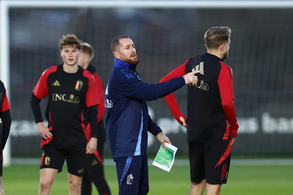 Belgium's U21 head coach Gill Swerts pictured during a training session of the Belgian national soccer team Red Devils U21 ahead of their Euro qualifying match against Austria, at the Royal Belgian Football Association's training center, in Tubize, Tuesday 11 November 2025. BELGA PHOTO BRUNO FAHY