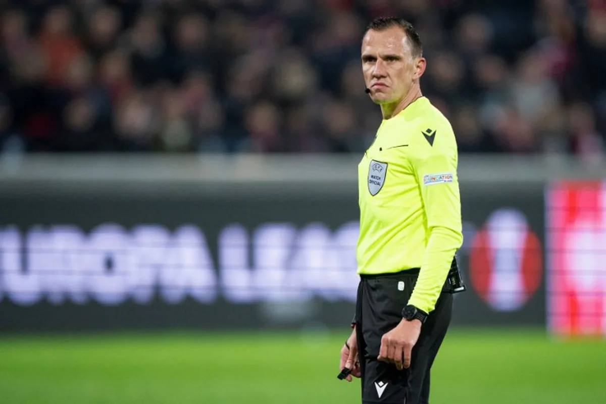 Austrian referee Sebastian Gishamer reacts during the UEFA Europa League football match between Midtjylland and Union St-Gilloise in Herning, Denmark on October 24, 2024.  Bo Amstrup / Ritzau Scanpix / AFP