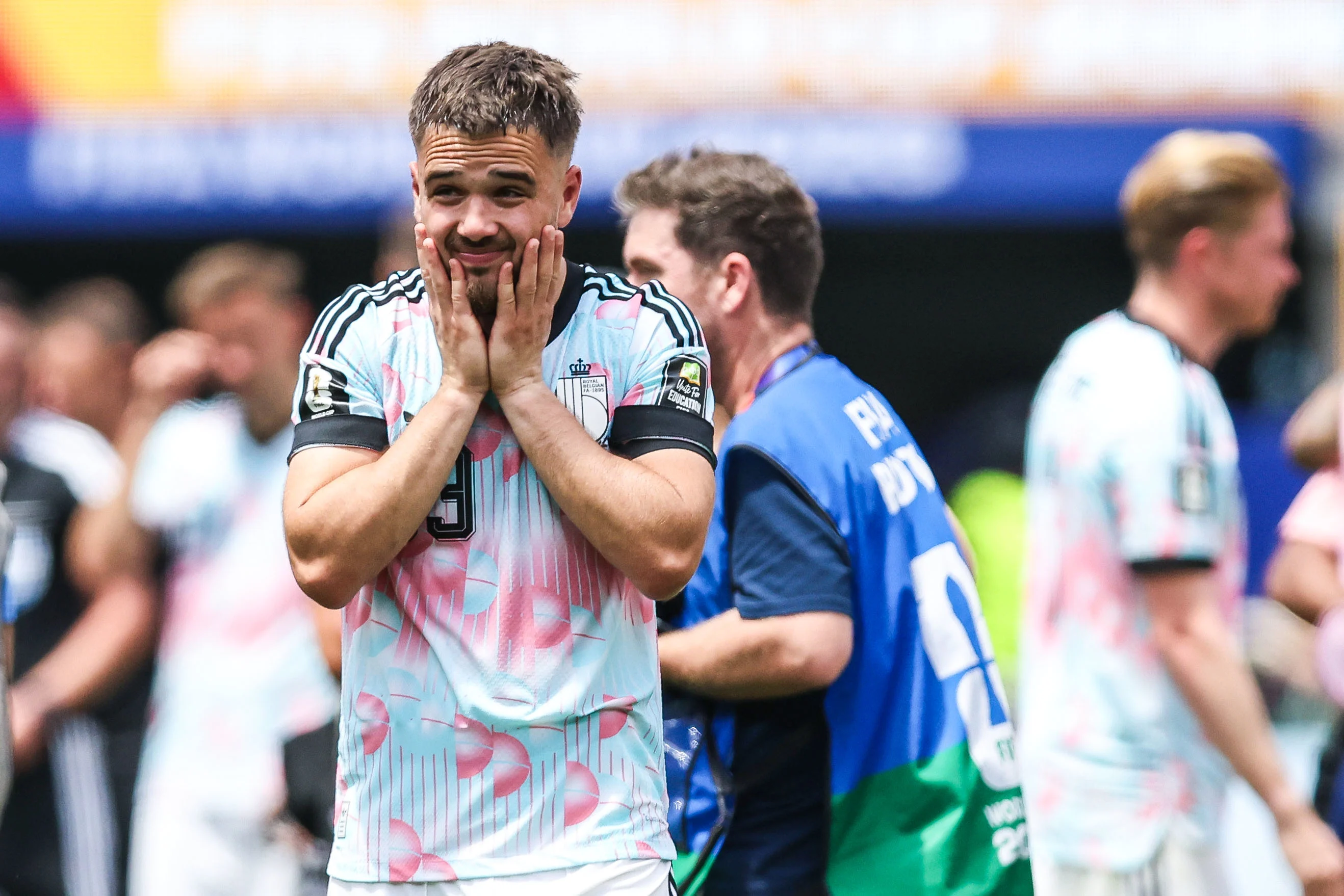 Belgium's Nicolas Raskin looks dejected after losing a soccer game between Spain and Belgian national team Red Devils, on Friday 10 July 2026 in Los Angeles, USA, in the 1/4 finals of the FIFA World Cup 2026. BELGA PHOTO BRUNO FAHY