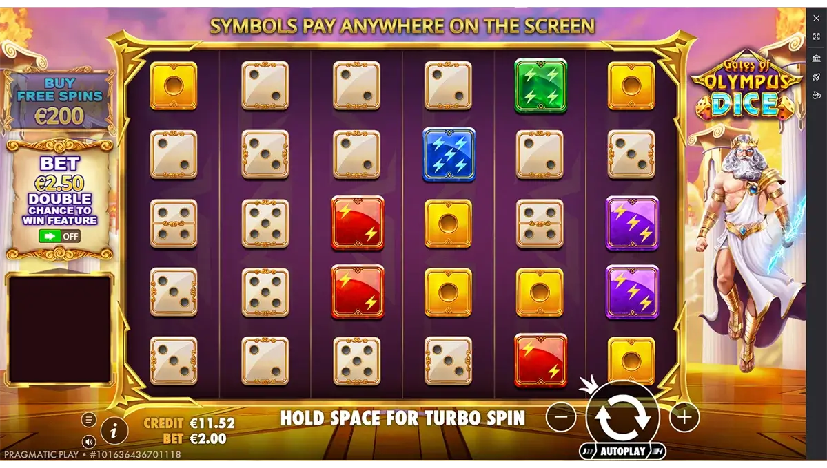 Dice slot Gates of Olympus Dice van Pragmatic Play met een RTP van 96,5 %, Zeus-multipliers, free spins en aantrekkelijke jackpots.