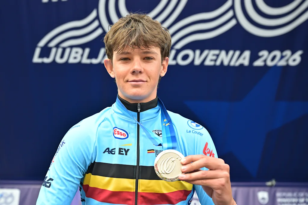 Belgium's Matisse Van Kerckhove , winner of the silver medal celebrates on the podium of the Men U23 Individual Time Trial race (22km) at the cycling UEC Road European Championships, in Ljubljana, Slovenia, on Wednesday 7 October 2026. The UEC Road European Championships are taking place from 02 to 07 October in Ljubljana, Slovenia. BELGA PHOTO DAVID PINTENS