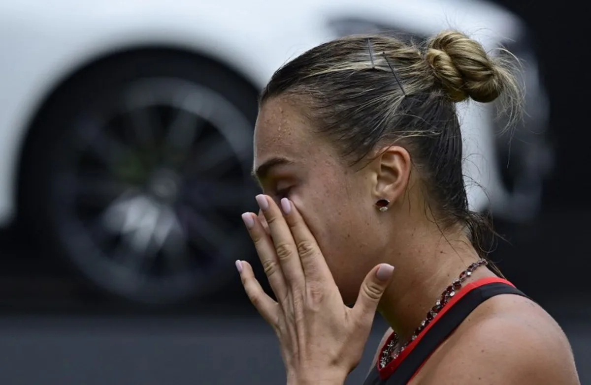 Belarus' Aryna Sabalenka reacts after losing a point against Jessica Pegula of the US during their women's singles semi-final match at the WTA500 Berlin Tennis Open tournament in Berlin on June 20, 2026. John MACDOUGALL / AFP