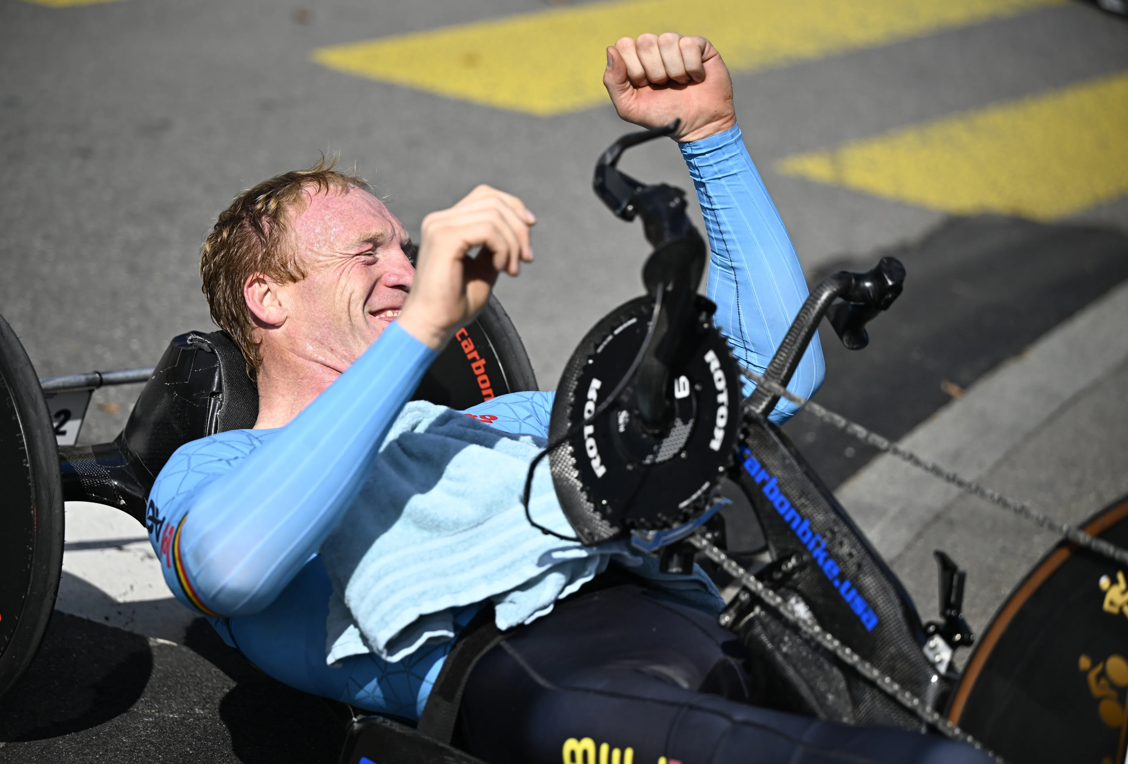 Belgian Marvin Odent crosses the finish line to win the bronze medal in the Men individual time trial race in the H1 category at the 2024 UCI Road and Para-Cycling Road World Championships, Tuesday 24 September 2024, in Zurich, Switzerland. The Worlds are taking place from 21 to 29 September. BELGA PHOTO JASPER JACOBS