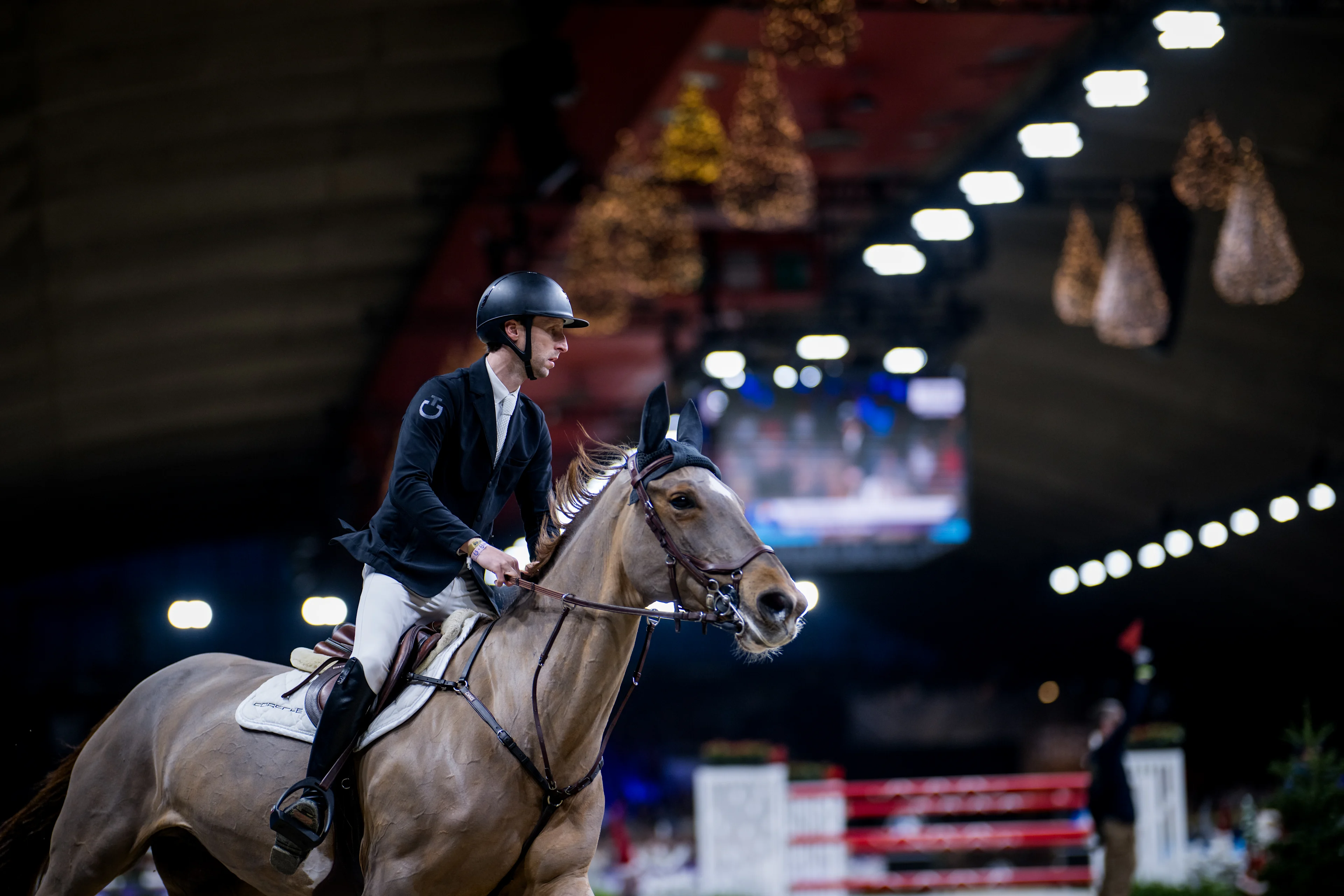 Belgian rider Pieter Devos Mom's Toupie de la Roque pictured in action during the FEI World Cup Jumping competition at the 'Vlaanderens Kerstjumping - Memorial Eric Wauters' equestrian event in Mechelen on Saturday 30 December 2023. BELGA PHOTO JASPER JACOBS