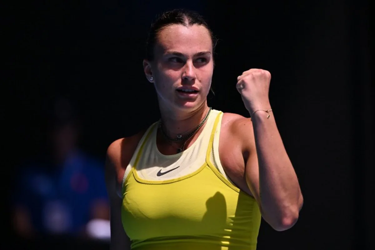 Belarus' Aryna Sabalenka reacts after a point during her women's singles match against Russia's Mirra Andreeva on day eight of the Australian Open tennis tournament in Melbourne on January 19, 2025.  WILLIAM WEST / AFP