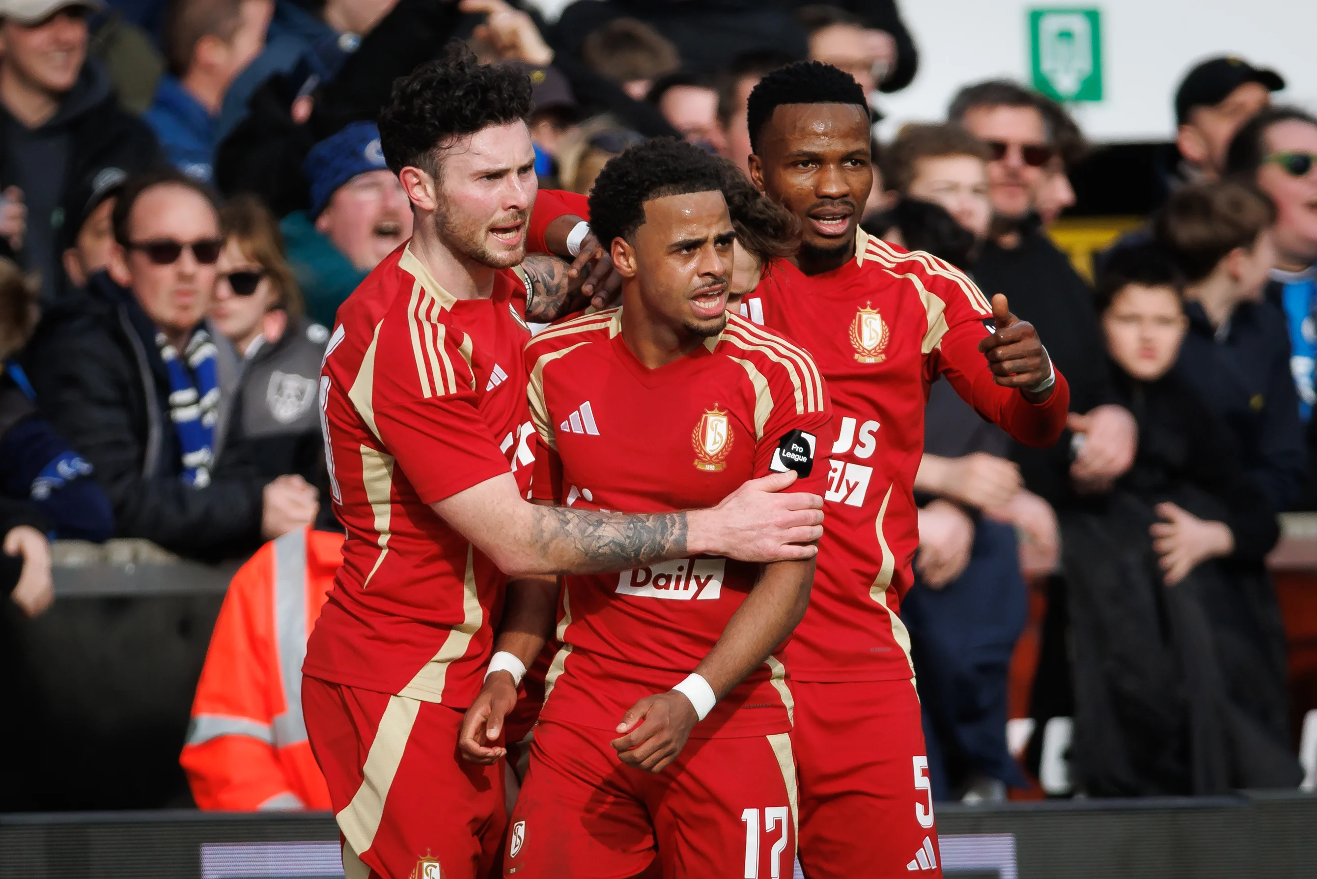 Standard's Dennis Eckert Ayensa celebrates after scoring during a soccer match between Club Brugge and Standard de Liege, Sunday 23 February 2025 in Brugge, on day 27 of the 2024-2025 season of the 'Jupiler Pro League' first division of the Belgian championship. BELGA PHOTO KURT DESPLENTER