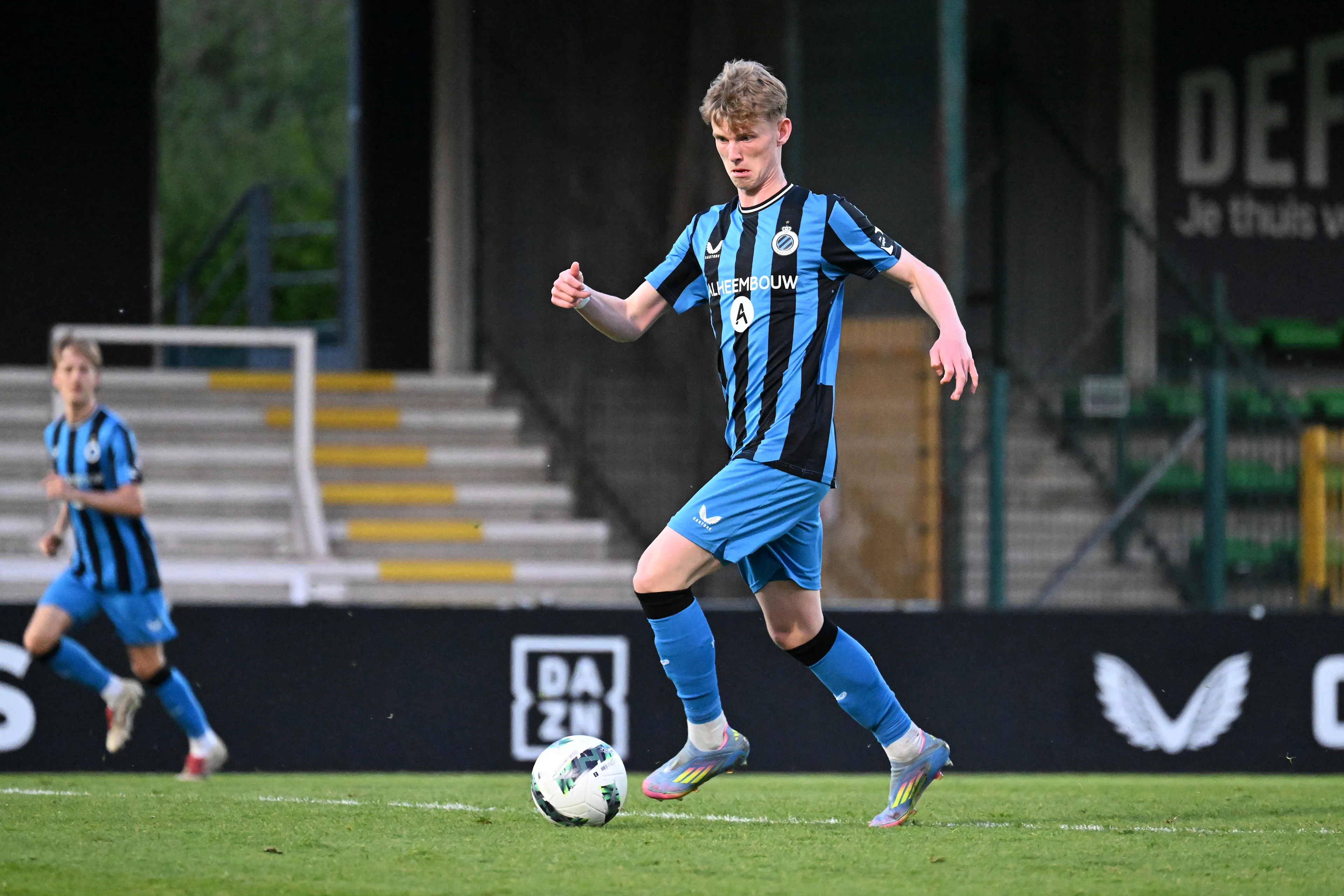 Club's Tobias Lund Jensen pictured in action during a soccer game between Club NXT and Royal Francs Borains, Friday 18 April 2025 in Roeselare, on the 30th and last day of the 2024-2025 'Challenger Pro League' 1B second division of the Belgian championship. BELGA PHOTO MAARTEN STRAETEMANS