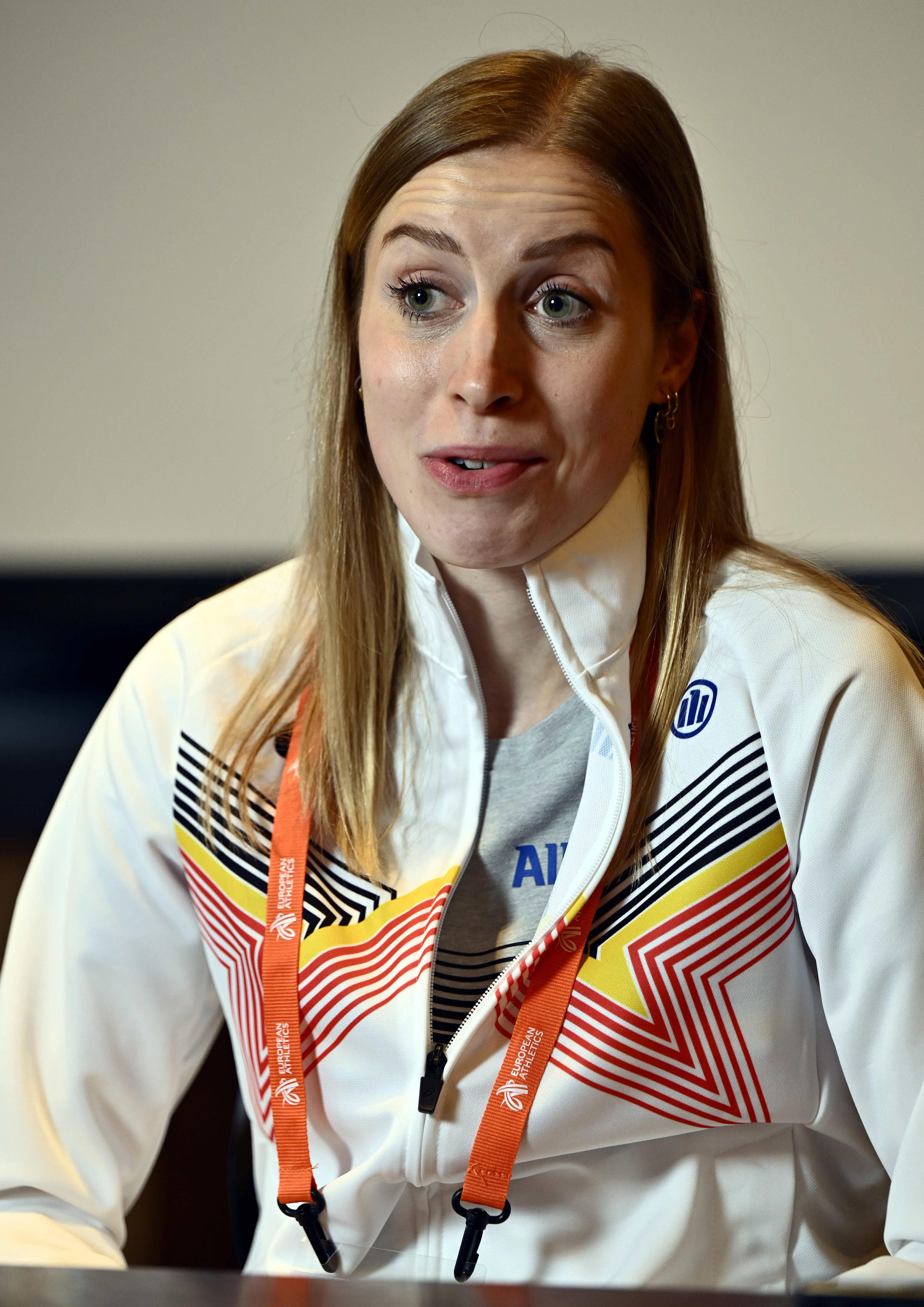 Belgian Elise Vanderelst pictured during a press conference ahead of the European Athletics Indoor Championships, in Apeldoorn, The Netherlands, Tuesday 04 March 2025. The championships take place from 6 to 9 March. BELGA PHOTO ERIC LALMAND