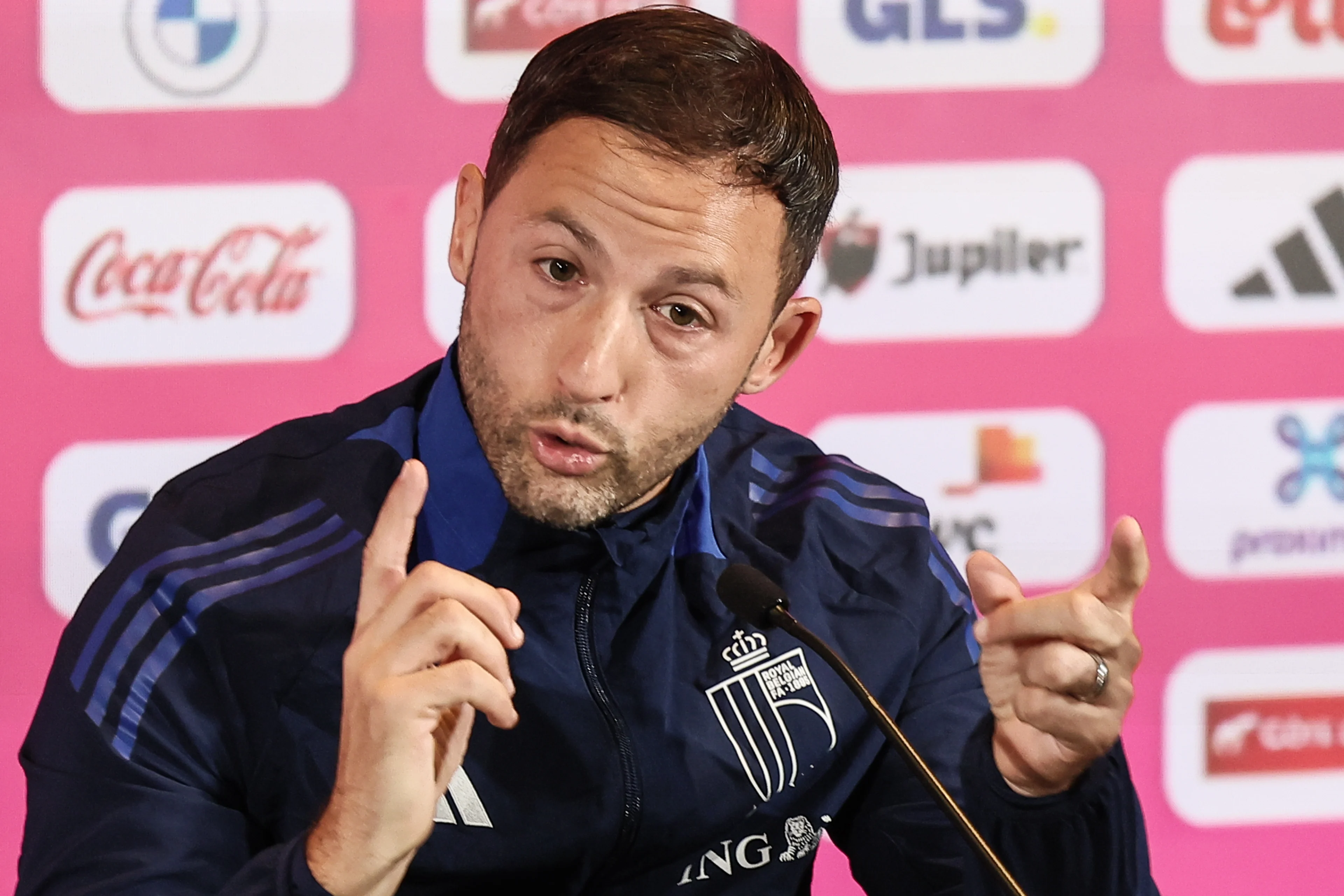 Belgium's head coach Domenico Tedesco pictured during a press conference of the Belgian national soccer team Red Devils, at the Royal Belgian Football Association's training center, in Tubize, Sunday 13 October 2024. The Red Devils are playing against France on Monday, for the UEFA Nations League 2025. BELGA PHOTO BRUNO FAHY