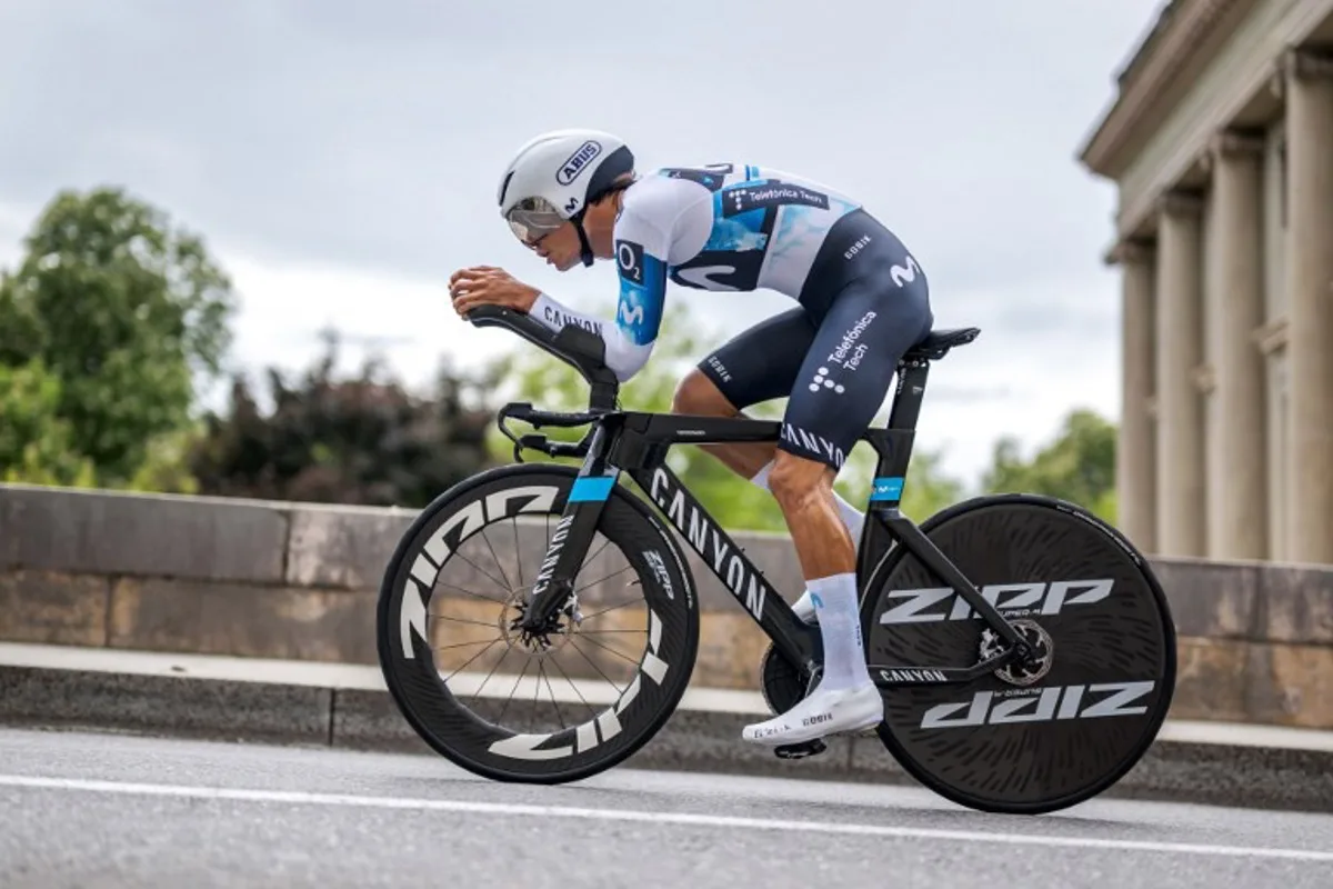 Spain's Javier Romo rides during the fifth stage of the Tour of Romandie UCI cycling World tour, 17.1 km loop from the start to the finish in Geneva on May 4, 2025. Fabrice COFFRINI / AFP
