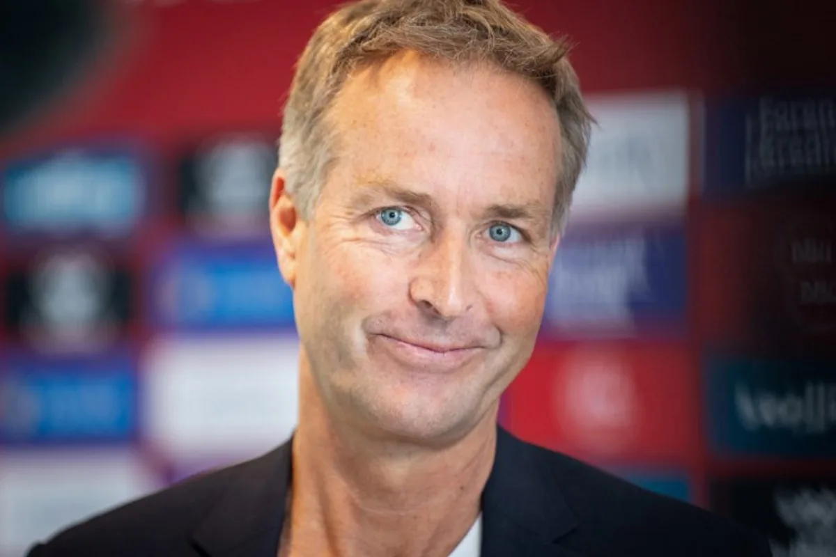 Denmark's Kasper Hjulmand smiles during a meeting with the press at the Danish Football Association in Broendby, suburb of Copenhagen, on July 19, 2024, after his announcement to resign as head coach of Denmark's national football team. Kasper Hjulmand said on July 19 that Denmark needed "new ideas" after resigning as head coach following the last 16 defeat at Euro 2024. Hjulmand, 52, had been in the position since May 2020 before stepping down after June 29's loss to hosts Germany. He led Denmark to the European Championship's semi-finals three years ago before being knocked out of the 2022 World Cup group stage. Emil Nicolai Helms / Ritzau Scanpix / AFP