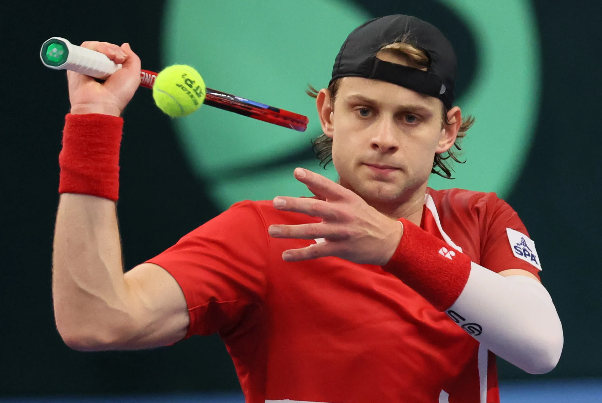 Belgian Zizou Bergs pictured in action during a game between Belgian Bergs and Chilean Garin, the fourth match in the Davis Cup qualifiers World Group tennis meeting between Belgium and Chile, Sunday 02 February 2025, in Hasselt. BELGA PHOTO BENOIT DOPPAGNE