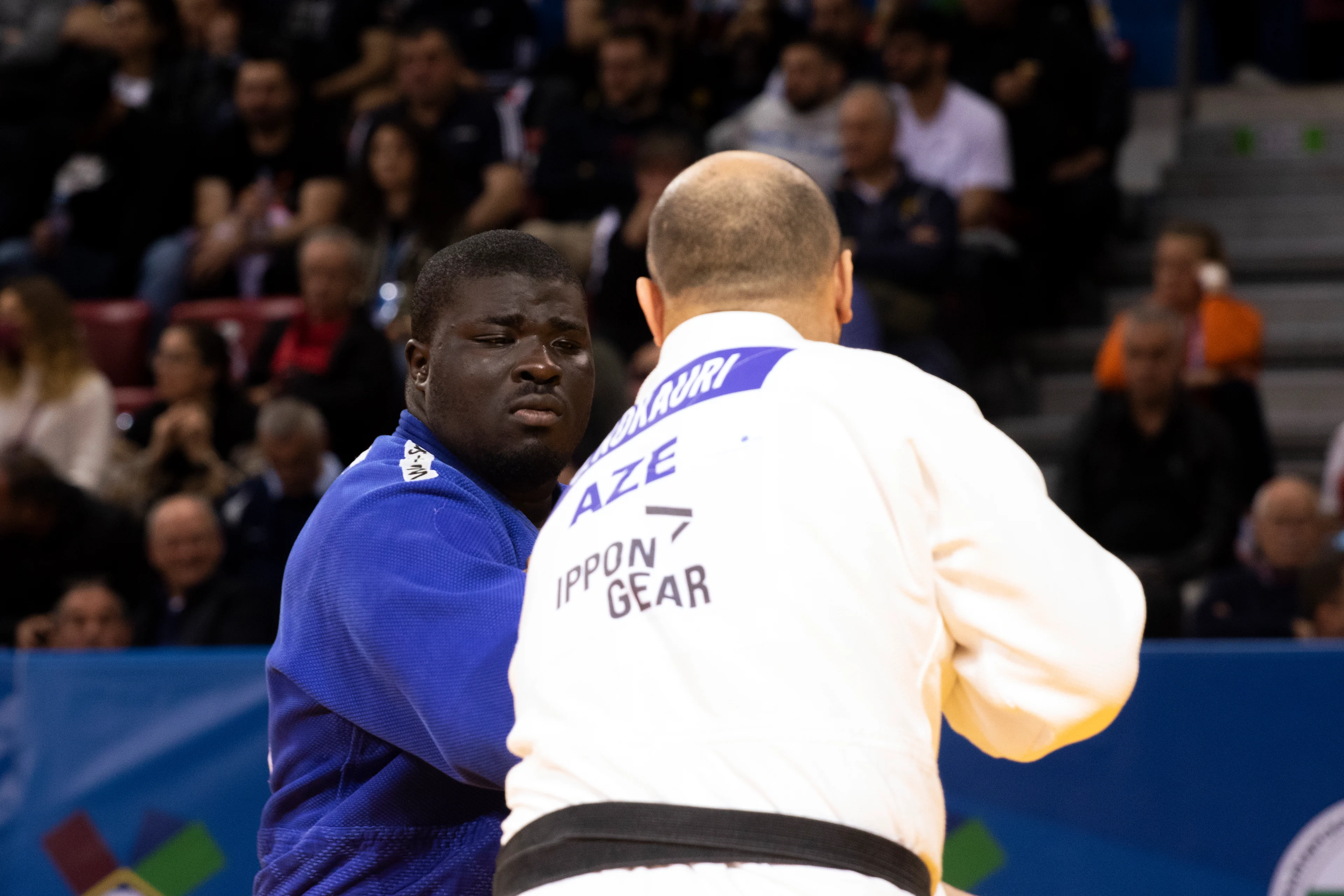 Belgian Yves Ndao (blue) and Azerbaijan's Ushangi Kokauri (white) pictured in action during the men +100kg competition on the third day of the European Judo Championships in Sofia, Bulgaria, Sunday 01 May 2022. The tournament is taking place from 29 of April to the 1st of May.  BELGA PHOTO HRISTO VLADEV