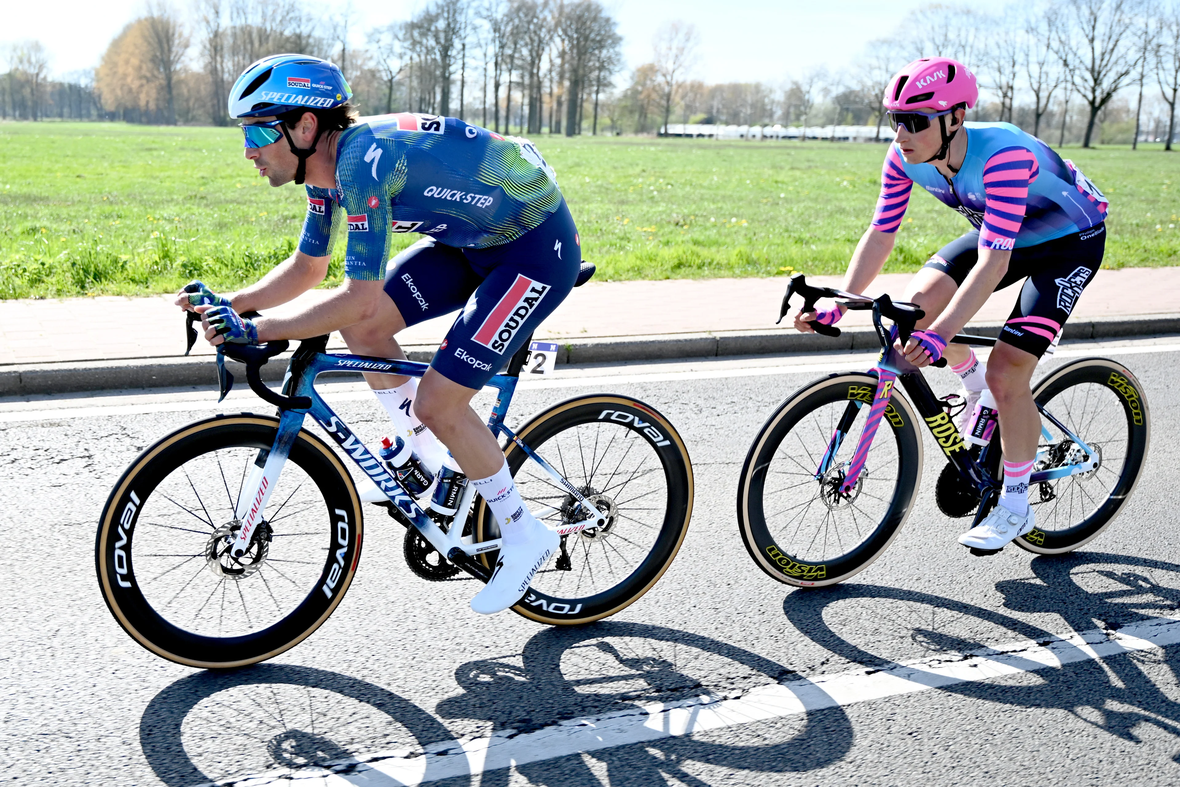 Belgian Ceriel Desal of Soudal Quick-Step and Belgian Abram Stockman of Unibet Rose Rockets pictured in action during the men's race of the 'Scheldeprijs' one day cycling event, 205,2km from Terneuzen, the Netherlands to Schoten, Belgium on Wednesday 08 April 2026. BELGA PHOTO MAARTEN STRAETEMANS