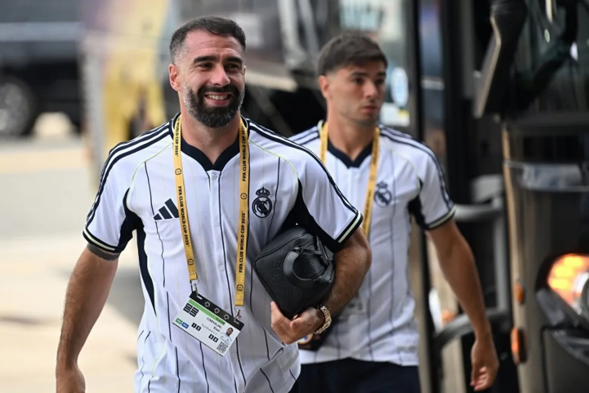 Real Madrid's Spanish defender #02 Dani Carvajal (L) arrives at the stadium ahead of the FIFA Club World Cup 2025 semifinal football match between France's Paris Saint-Germain and Spain's Real Madrid at the MetLife stadium in East Rutherford, New Jersey on July 9, 2025. Paul ELLIS / AFP