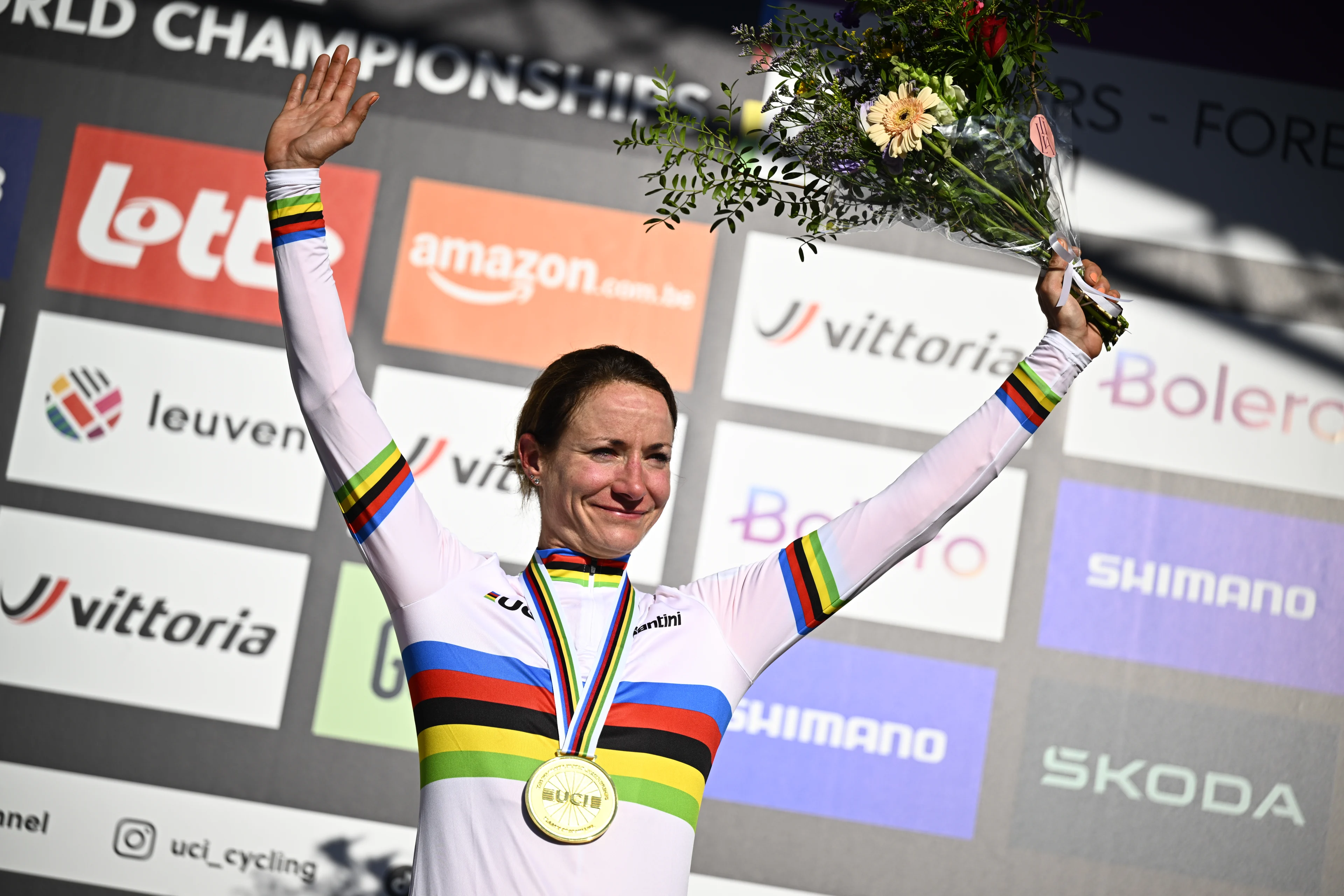 Dutch Marianne Vos celebrates on the podium after winning the women elite race at the UCI World Gravel Championships, Saturday 05 October 2024, in Leuven. BELGA PHOTO JASPER JACOBS