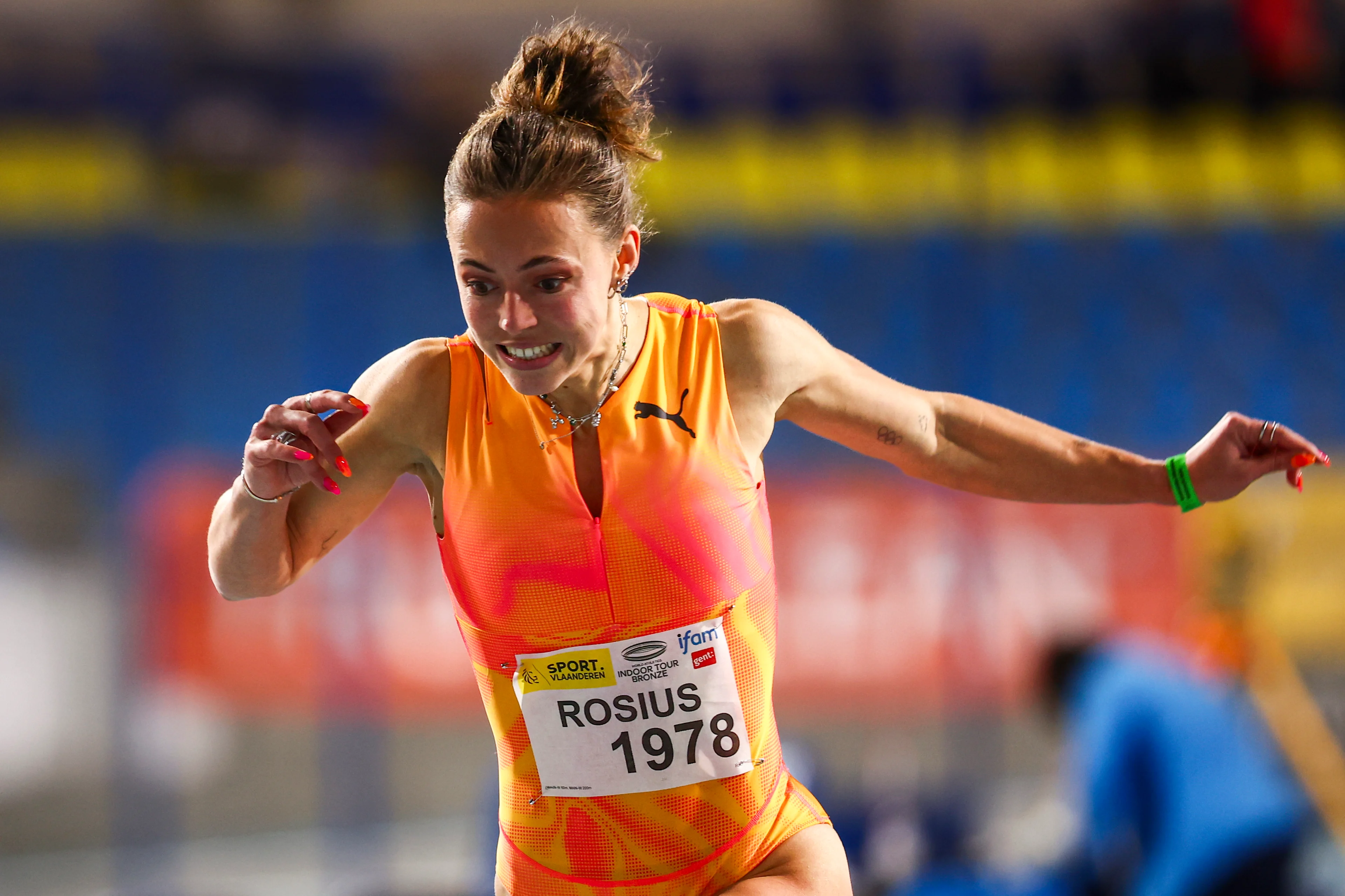 Belgian Rani Rosius pictured in action during the women's 60m sprint, at the IFAM Indoor, IAAF World Indoor Tour Bronze Athletics Meeting, Saturday 01 February 2025 in Gent. BELGA PHOTO DAVID PINTENS