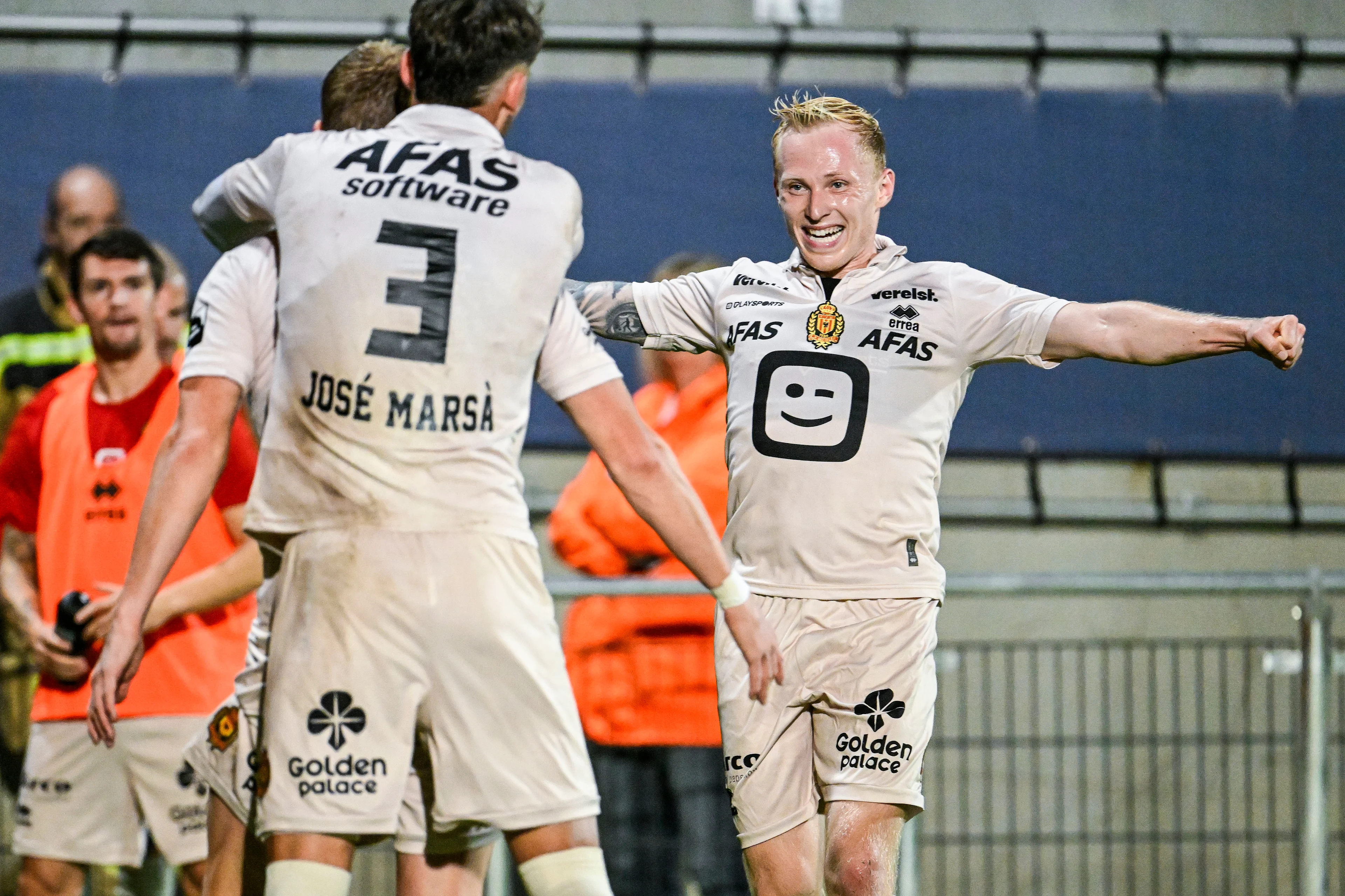 Mechelen's Jose Marsa, Mechelen's Nikola Storm and Mechelen's Patrick Pflucke celebrate after scoring during a soccer match between FCV Dender EH and KV Mechelen, Saturday 26 October 2024 in Denderleeuw, on day 12 of the 2024-2025 season of the 'Jupiler Pro League' first division of the Belgian championship. BELGA PHOTO TOM GOYVAERTS