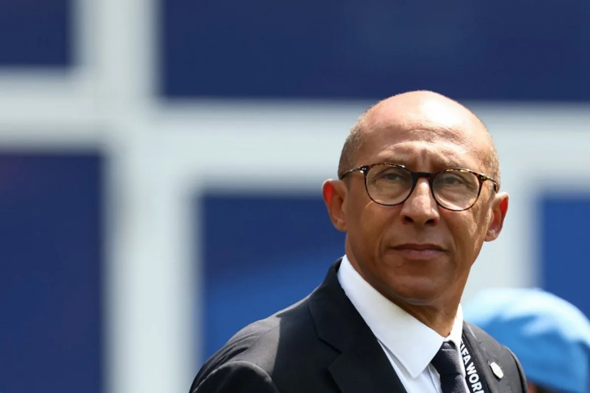 French Football Federation (FFF) President Philippe Diallo looks on ahead of the 2026 World Cup football tournament quarter-final match between France and Morocco at Boston Stadium in Foxborough on July 9, 2026. FRANCK FIFE / AFP