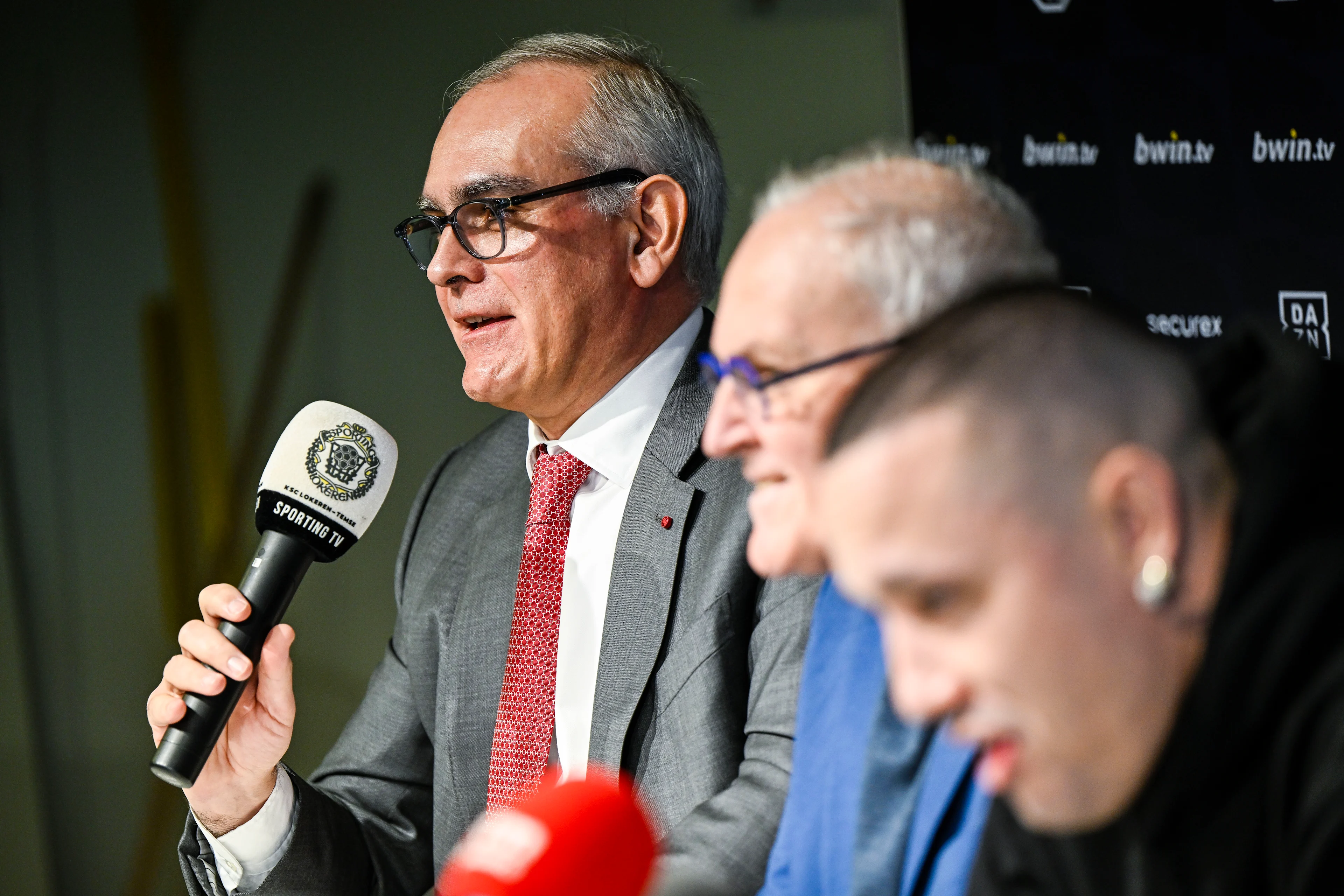 Lokeren's chairman Hans Van Duysen pictured during a press conference of Belgian soccer team KSC Lokeren-Temse, Wednesday 22 January 2025 in Lokeren, with new players, including 36 years old former international player Nainggolan. BELGA PHOTO TOM GOYVAERTS