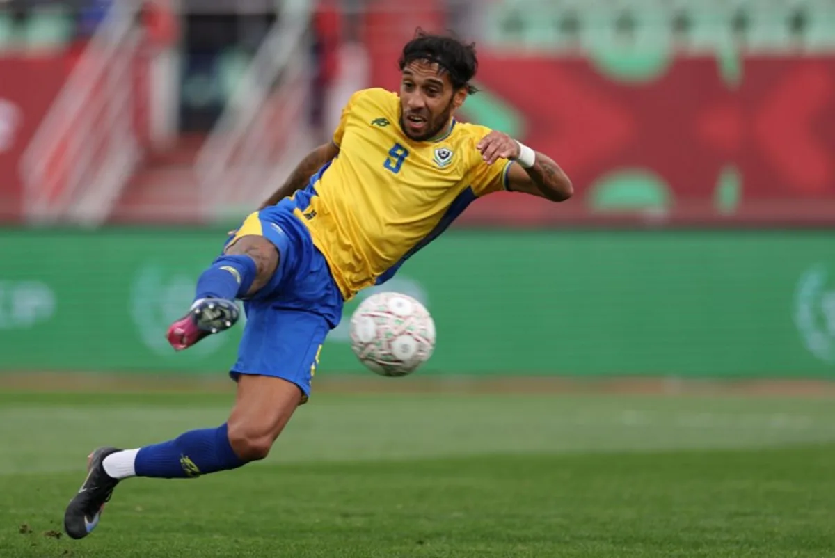 Gabon's forward #09 Pierre-Emerick Aubameyang scores a goal during the Africa Cup of Nations (CAN) Group F football match between Gabon and Mozambique at Grand Stadium in Agadir on December 28, 2025. FRANCK FIFE / AFP