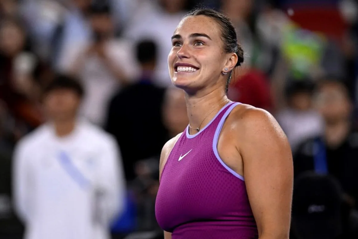 Belarus's Aryna Sabalenka celebrates after beating Coco Gauff of US during their women's singles semi-final match at the Wuhan Open tennis tournament in Wuhan, China's Hubei province on October 12, 2024.   WANG Zhao / AFP