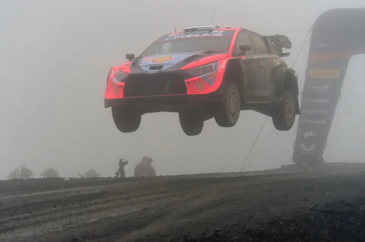 Belgium's driver Thierry Neuville and co-driver Martijn Wydaeghe race in their Hyundai i20 N during the third day of the WRC Rally Chile Bio Bio in Concepcion, Chile, on September 29, 2024.  GUILLERMO SALGADO / AFP