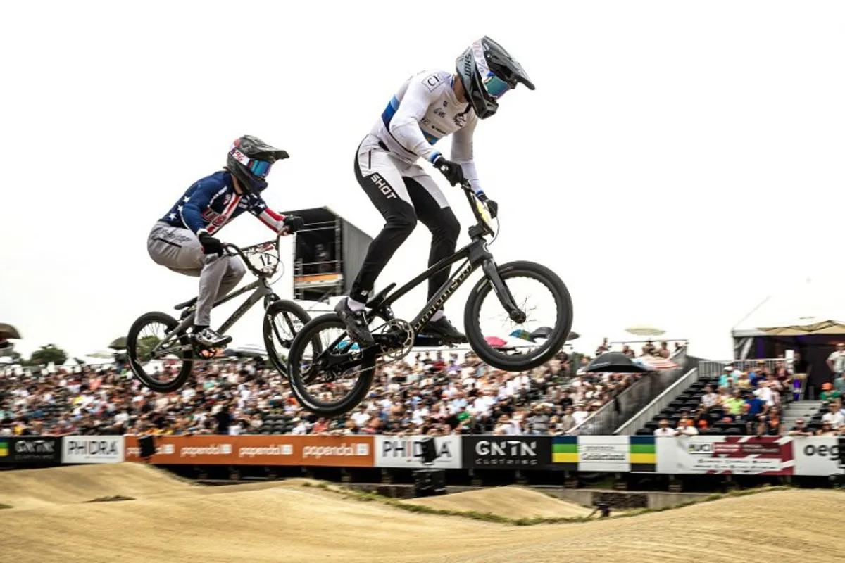 France's Arthur Pilard (R) competes during the 12th edition of the 2025 UCI BMX Racing World Cup in Arnhem on June 22, 2025. Bart Stoutjesdijk / ANP / AFP