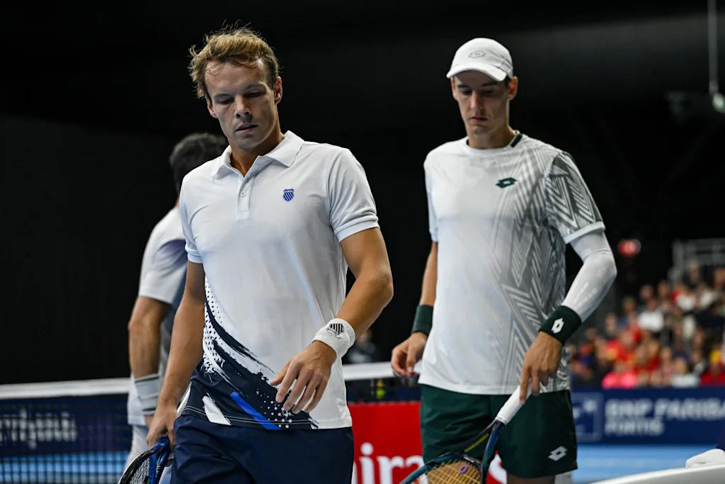 Michael Geerts of Belgium, Joran Vliegen of Belgium pictured during the European Open ATP tennis tournament in Brussels, on 21 October. This year's edition of the tournament is taking place from 17 to 25 October BELGA PHOTO DAVID PINTENS