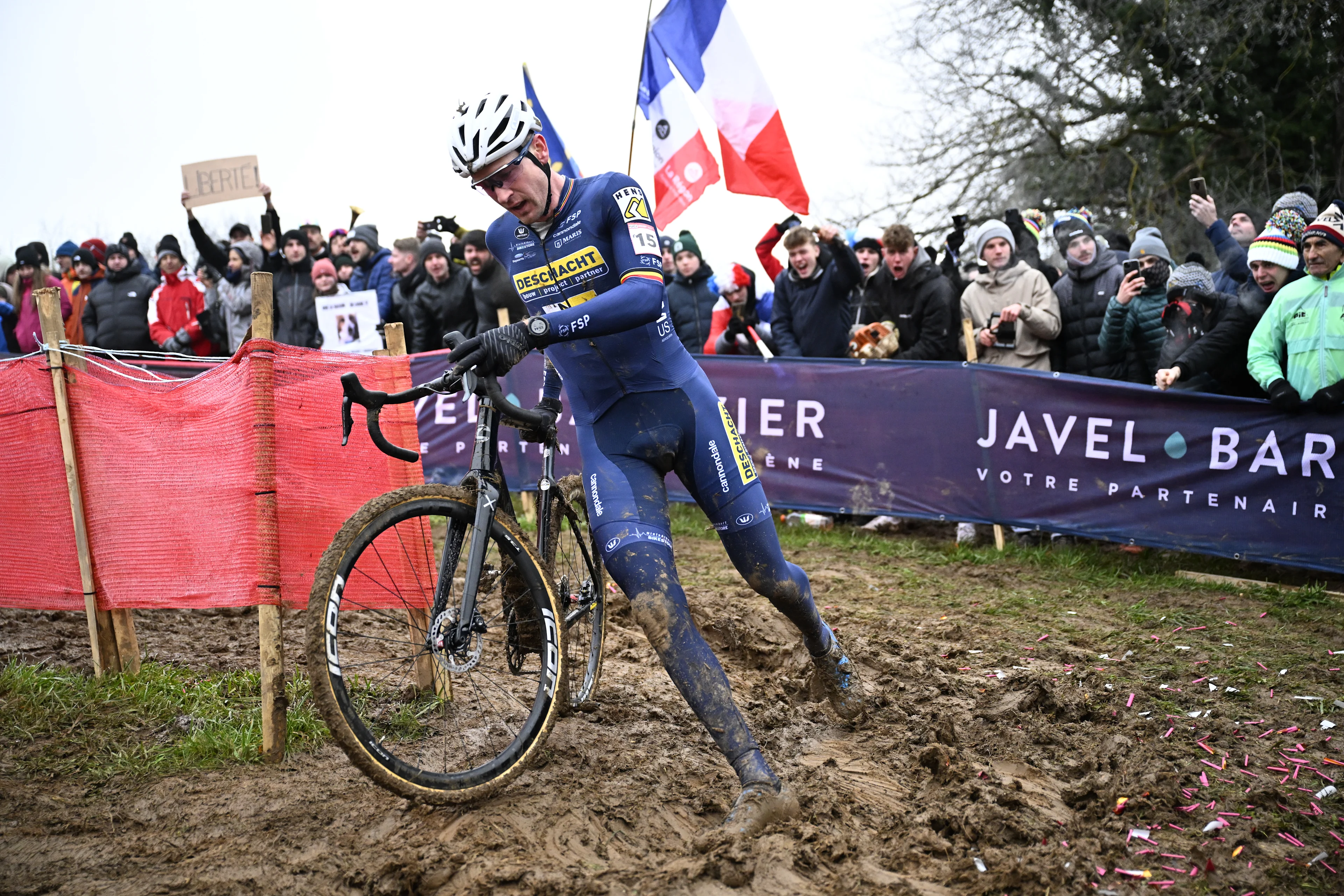 Belgian Toon Aerts pictured in action during the men's elite race at the Cyclocross World Cup cyclocross event in Besancon, France, , the eighth stage (out of 12) in the World Cup of the 2023-2024 season. BELGA PHOTO JASPER JACOBS