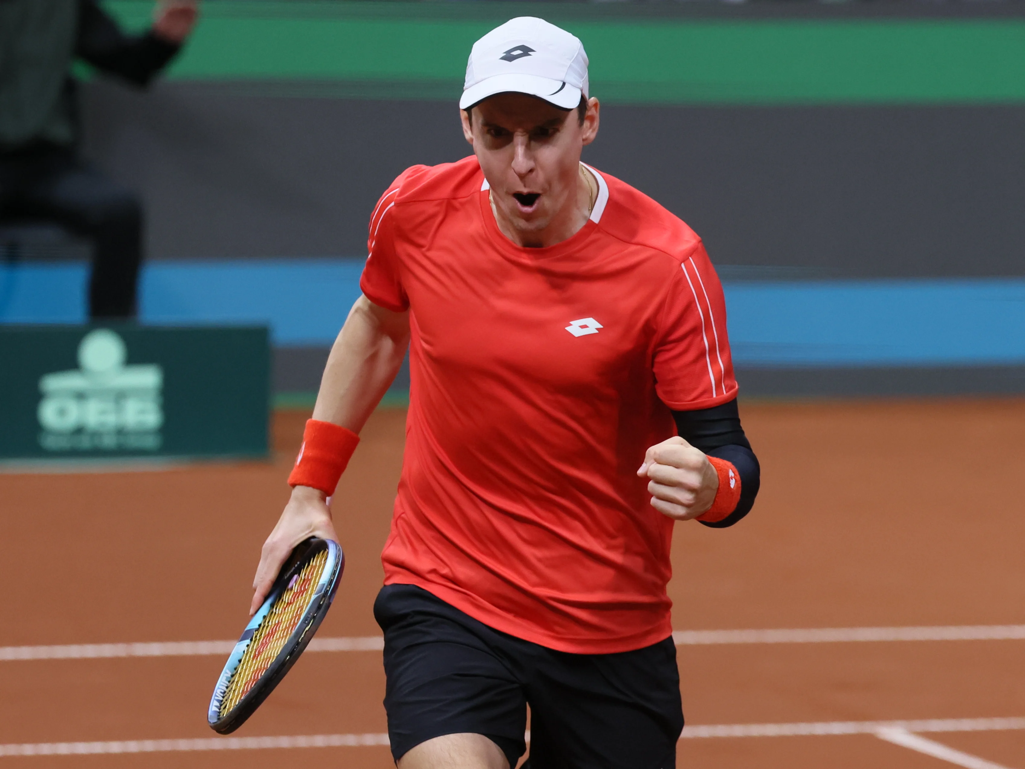Belgian Joran Vliegen celebrates during a doubles tennis match between Bulgarian Donski/Nesterov and Belgian Gille/Vliegen, match 3 of the qualifier of the Davis Cup on Sunday 08 February 2026, in Plovdiv, Bulgaria. Belgium will compete this weekend in the Davis Cup qualifiers against Bulgaria. BELGA PHOTO BENOIT DOPPAGNE