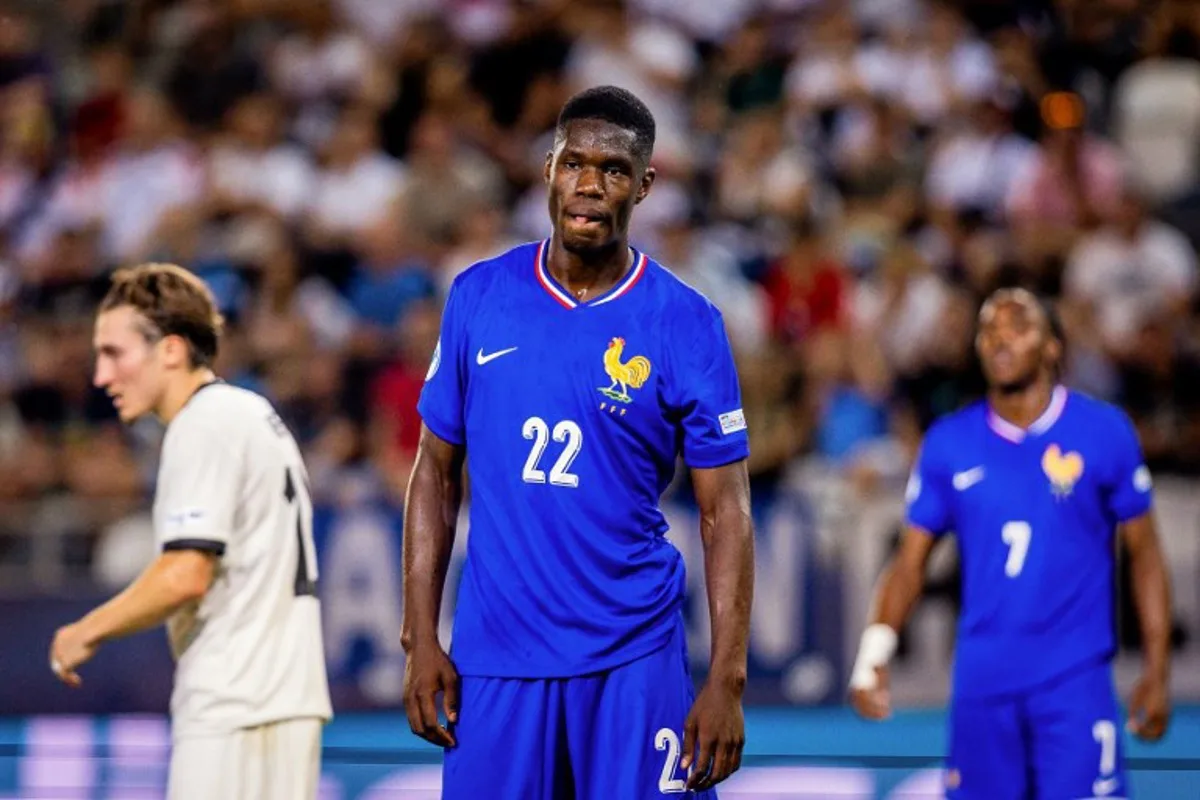 France's forward #22 Thierno Barry (C) reacts during the UEFA U21 European Championship semi-final football match between Germany and France in Kosice, Slovakia on June 25, 2025. Branislav Racko / AFP
