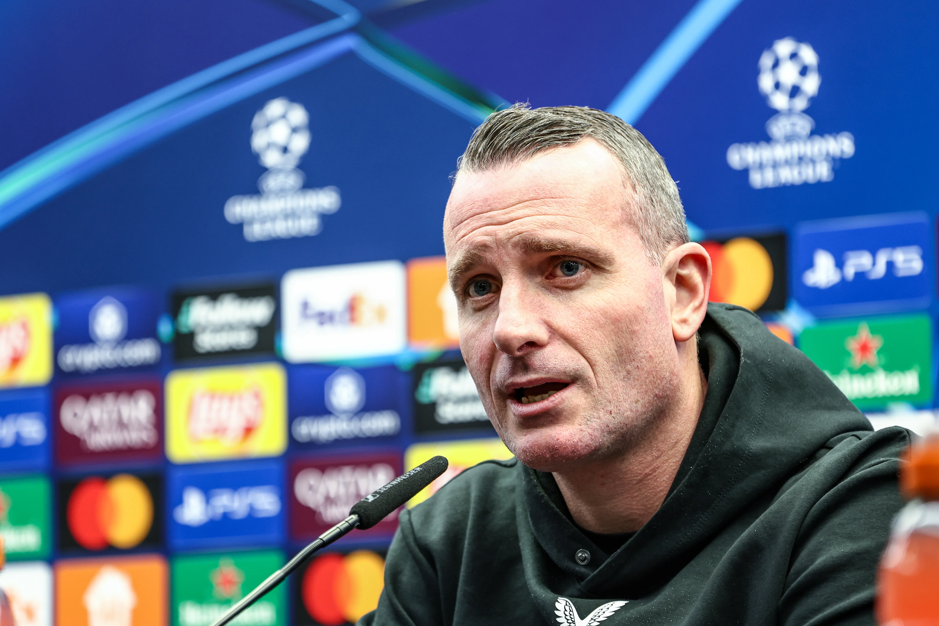 Club's head coach Nicky Hayen pictured during a press conference of Belgian Club Brugge KV, Monday 20 January 2025 in Brugge. Tomorrow, they will play against Italian club Juventus, on the seventh day (out of 8) of the UEFA Champions League league phase. BELGA PHOTO BRUNO FAHY