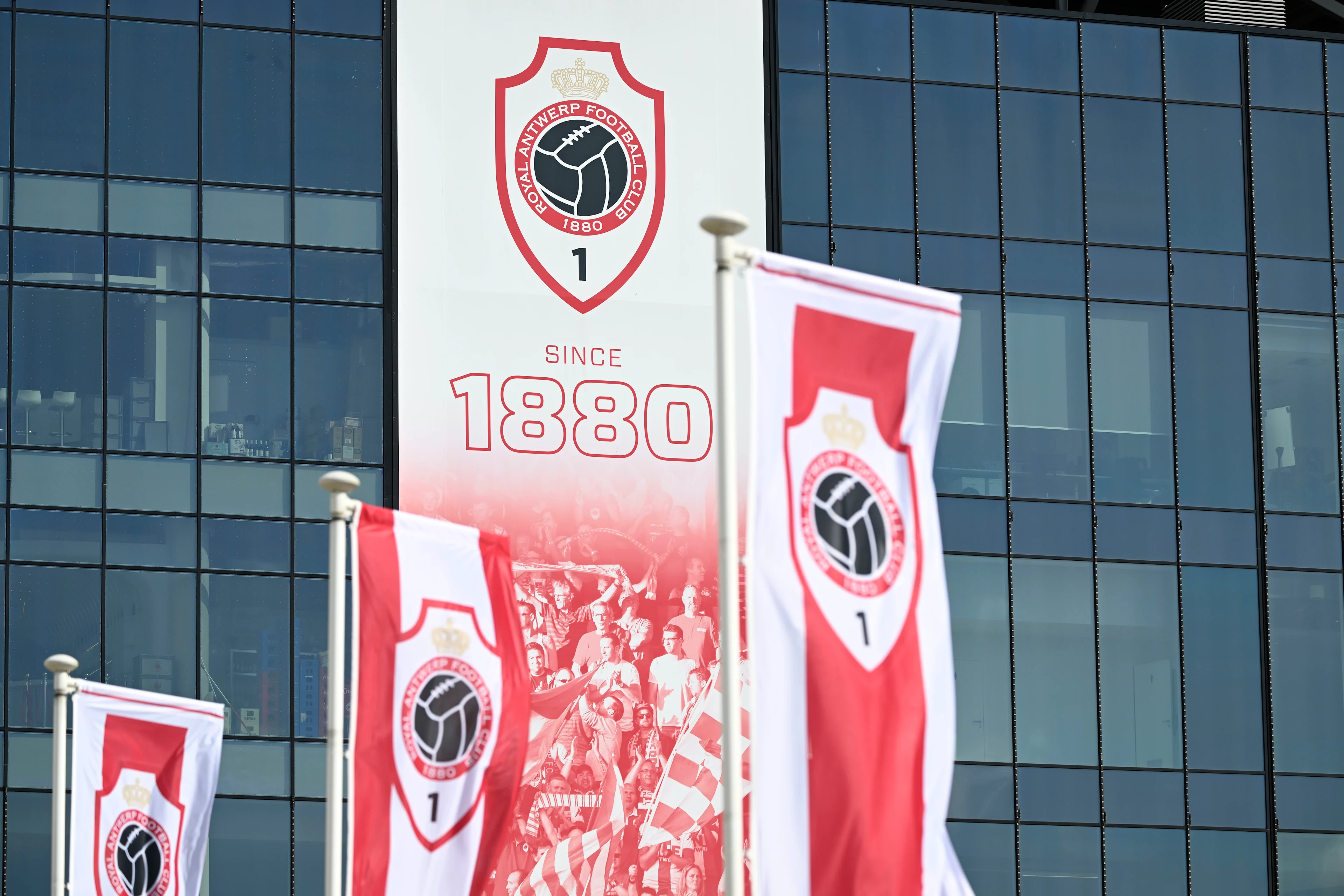 Illustration picture shows the front of the 'Bosuil' stadium before a press conference of Belgian soccer team Royal Antwerp FC, on Tuesday 03 October 2023 in Antwerp. The team is preparing for tomorrow's game against Ukrainian club Shakhtar Donetsk, on day two of the Champions League group stage, in the group H. BELGA PHOTO TOM GOYVAERTS