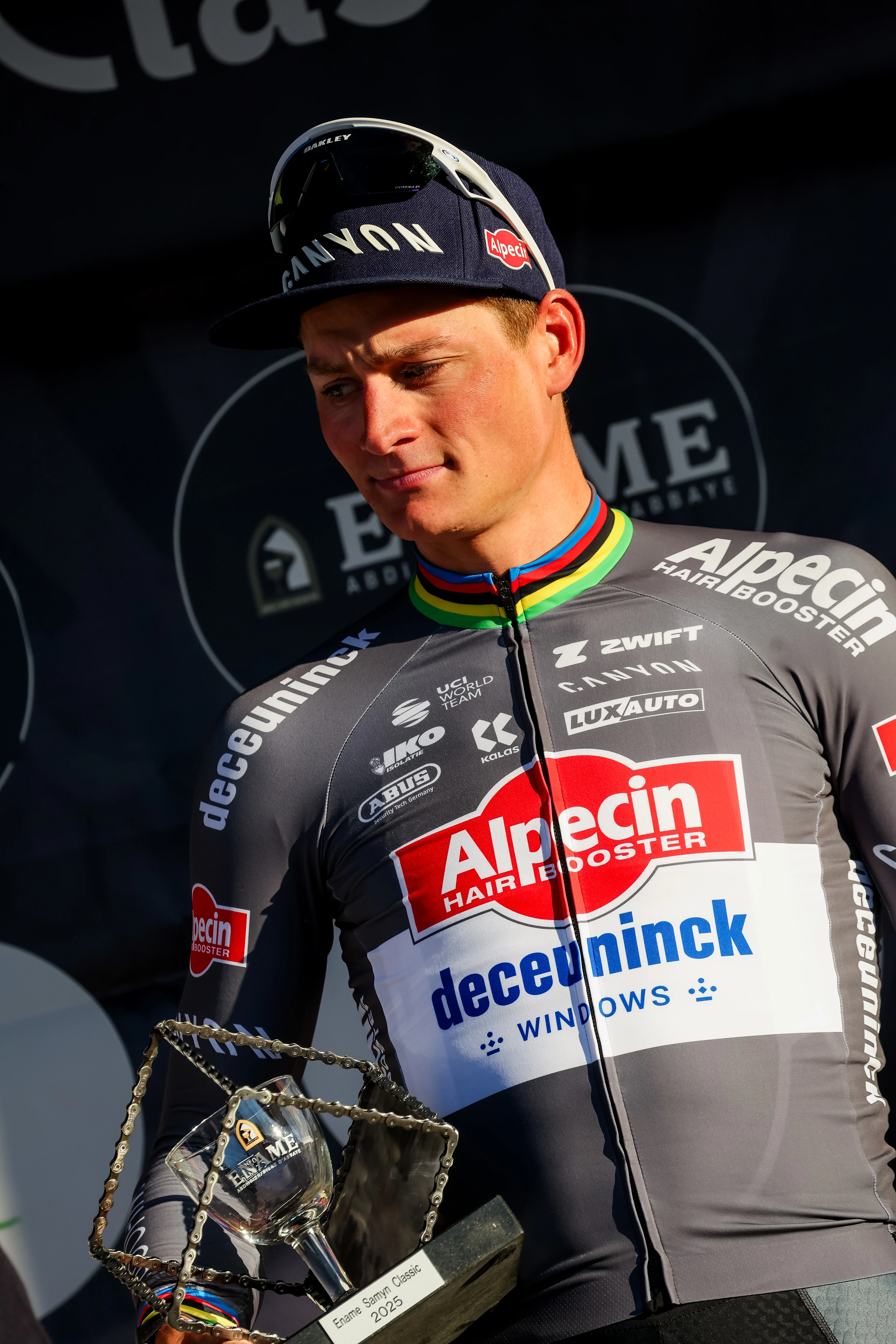 Dutch Mathieu van der Poel of Alpecin-Deceuninck celebrates on the podium after winning the 'Ename Samyn Classic' one day cycling race, 199,1km from Quaregnon to Dour on Tuesday 04 March 2025. BELGA PHOTO VIRGINIE LEFOUR