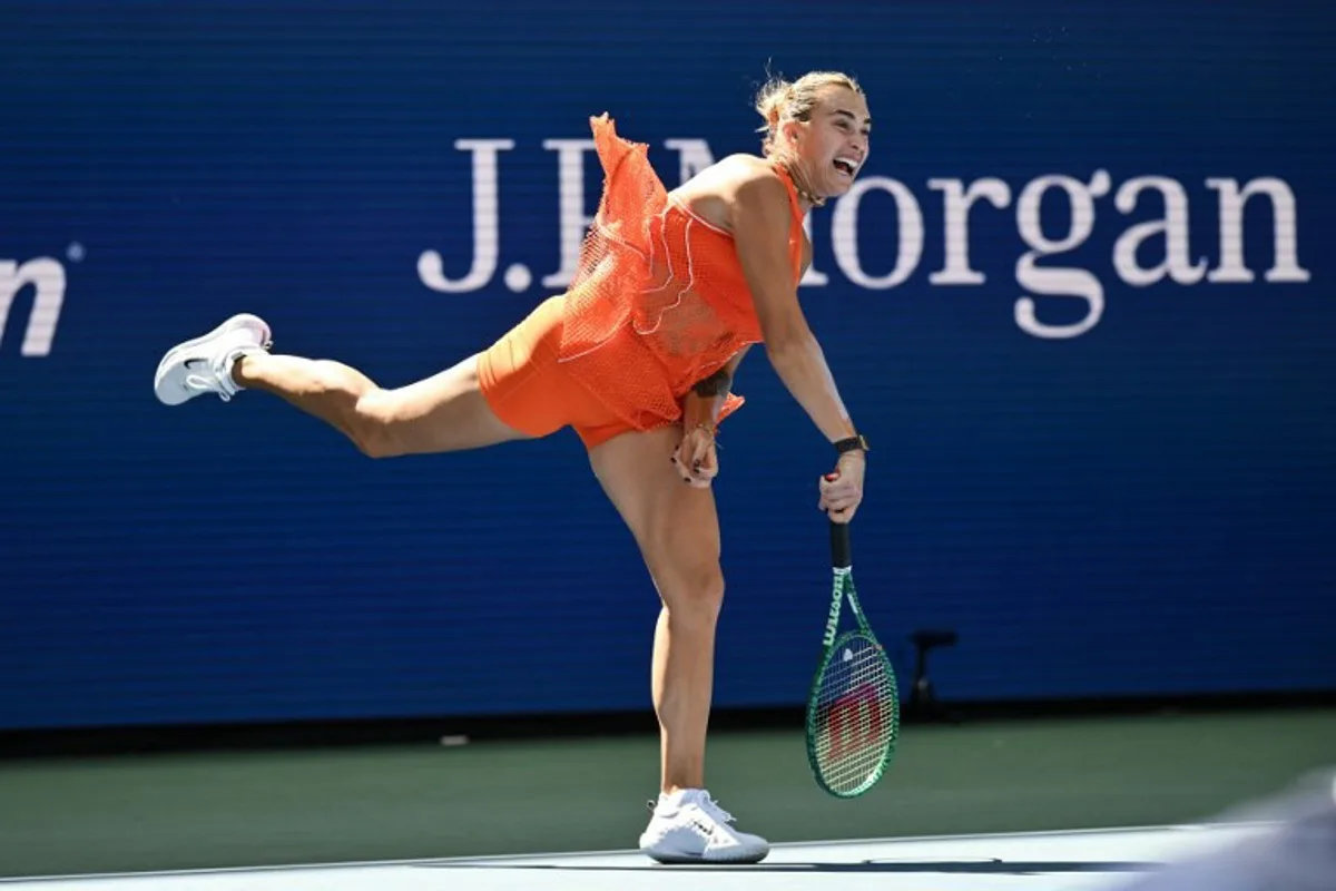 Belarus's Aryna Sabalenka serves to Uzbekistan's Kamilla Rakhimova during their women's singles third round tennis match on day six of the US Open tennis tournament at the USTA Billie Jean King National Tennis Center in New York City on September 4, 2026. ANGELA WEISS / AFP