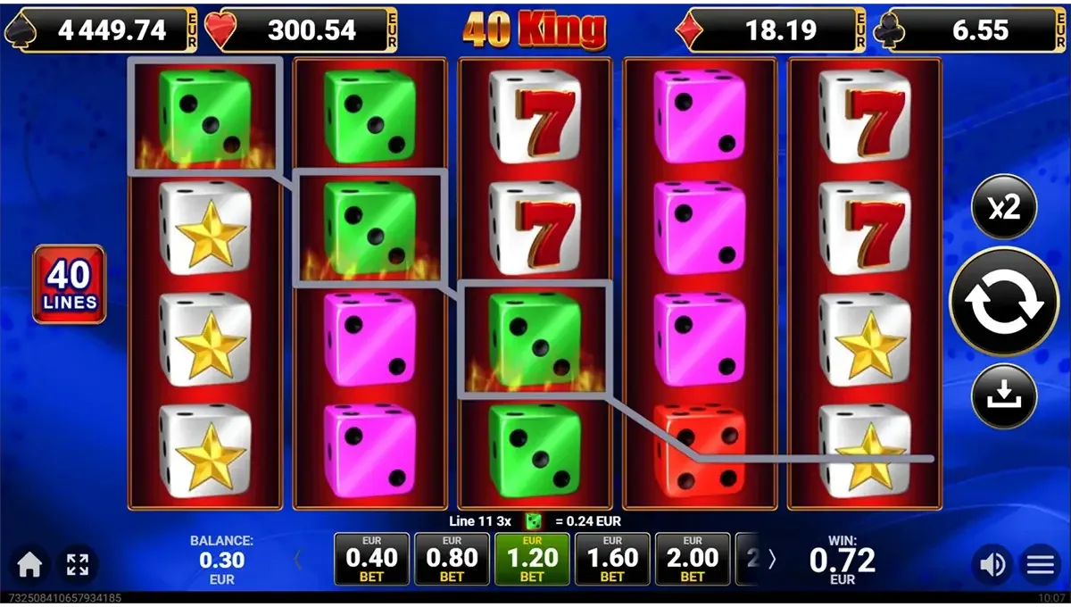 Image of the 40 King game with Jolly Wild King, 40 active lines and animated dice interface