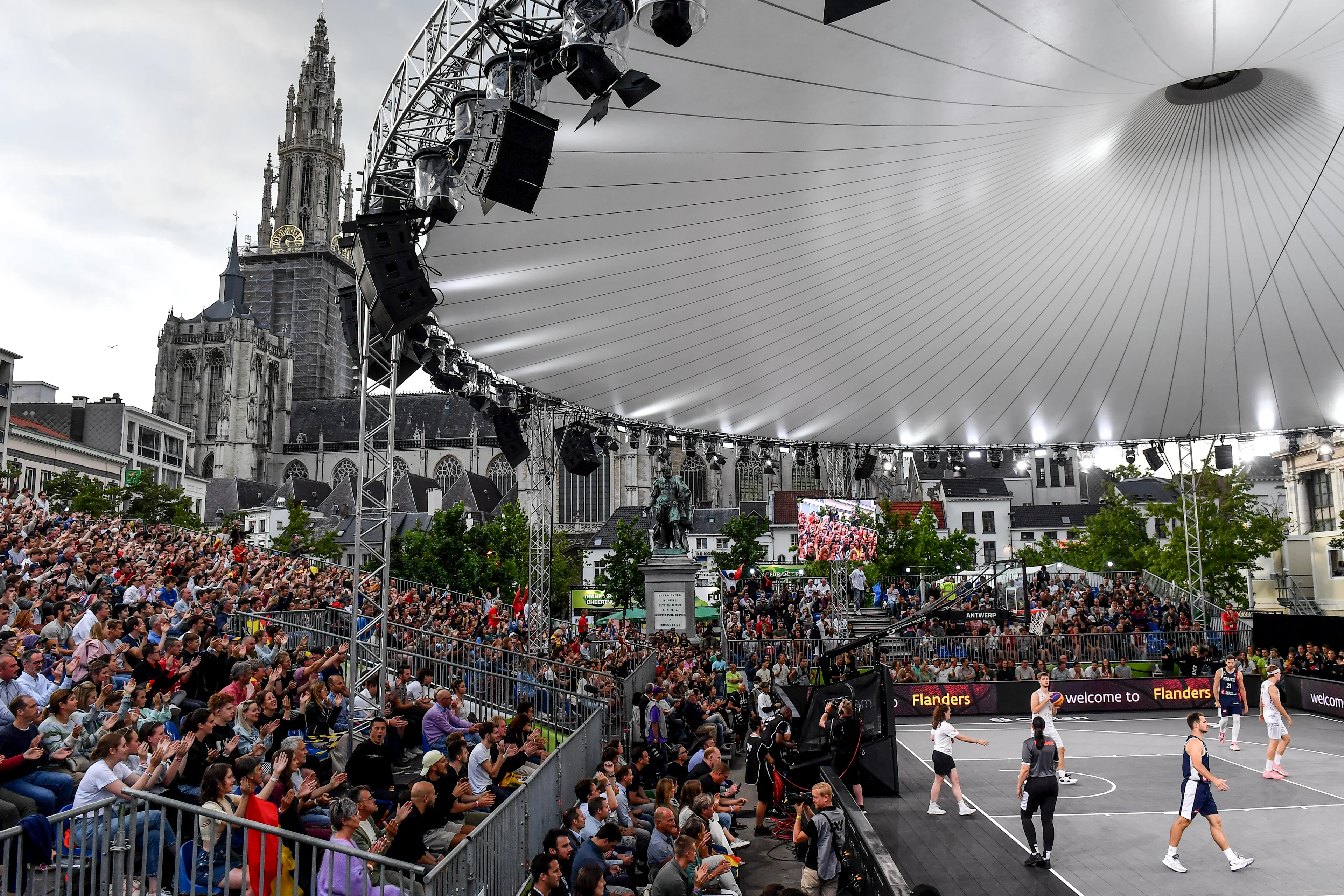Illustration shows a 3x3 basketball game between Belgium and France, in the Men's bronze medal game, at the FIBA 2022 world cup, Sunday 26 June 2022, in Antwerp. The FIBA 3x3 Basket World Cup 2022 takes place from 21 to 26 June in Antwerp. BELGA PHOTO DIRK WAEM