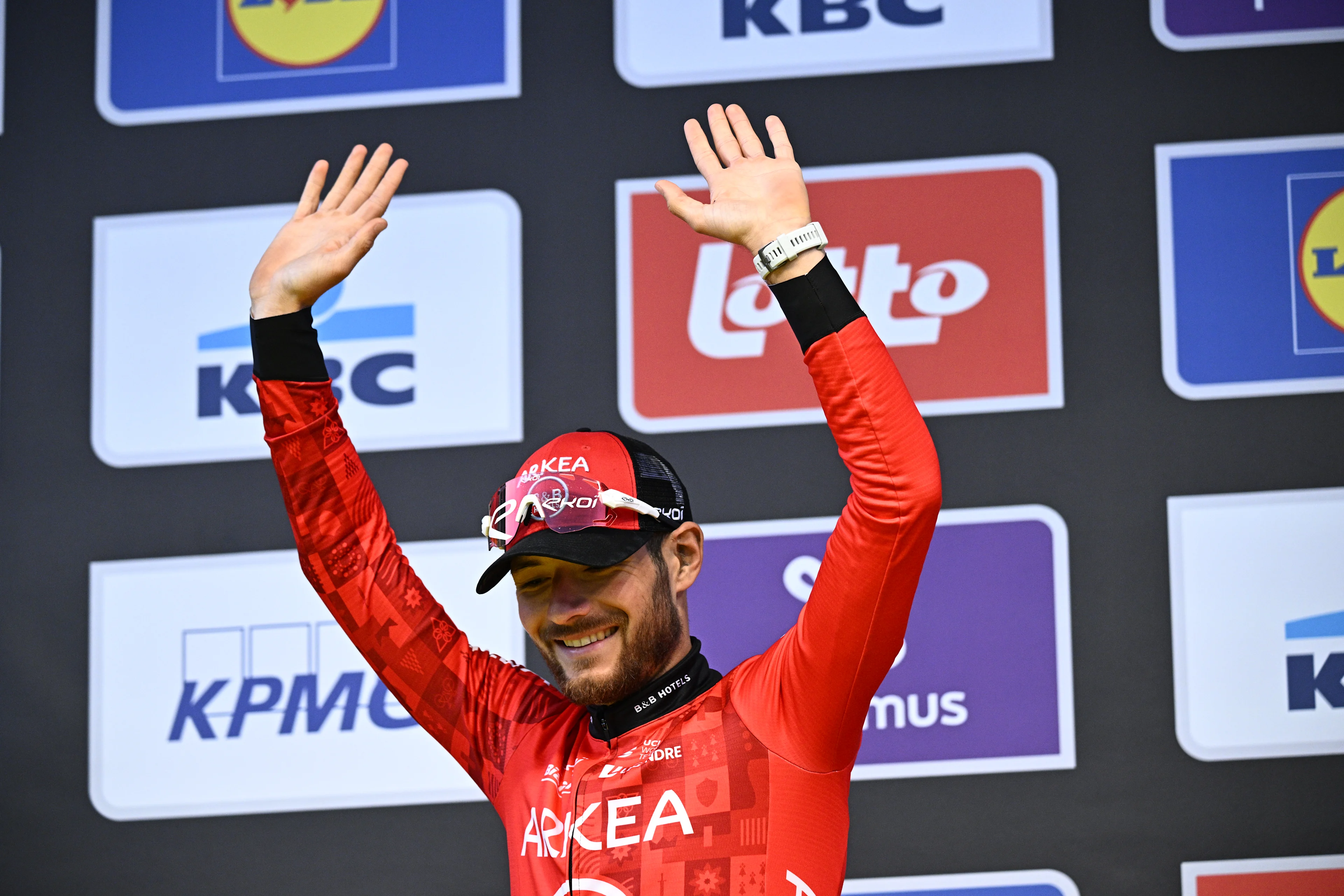 Second place Italian Luca Mozzato of Arkea-BB Hotels celebrates on the podium of the 'Ronde van Vlaanderen/ Tour des Flandres/ Tour of Flanders' one day cycling event, 270,8km from Antwerp to Oudenaarde, Sunday 31 March 2024. BELGA PHOTO JASPER JACOBS