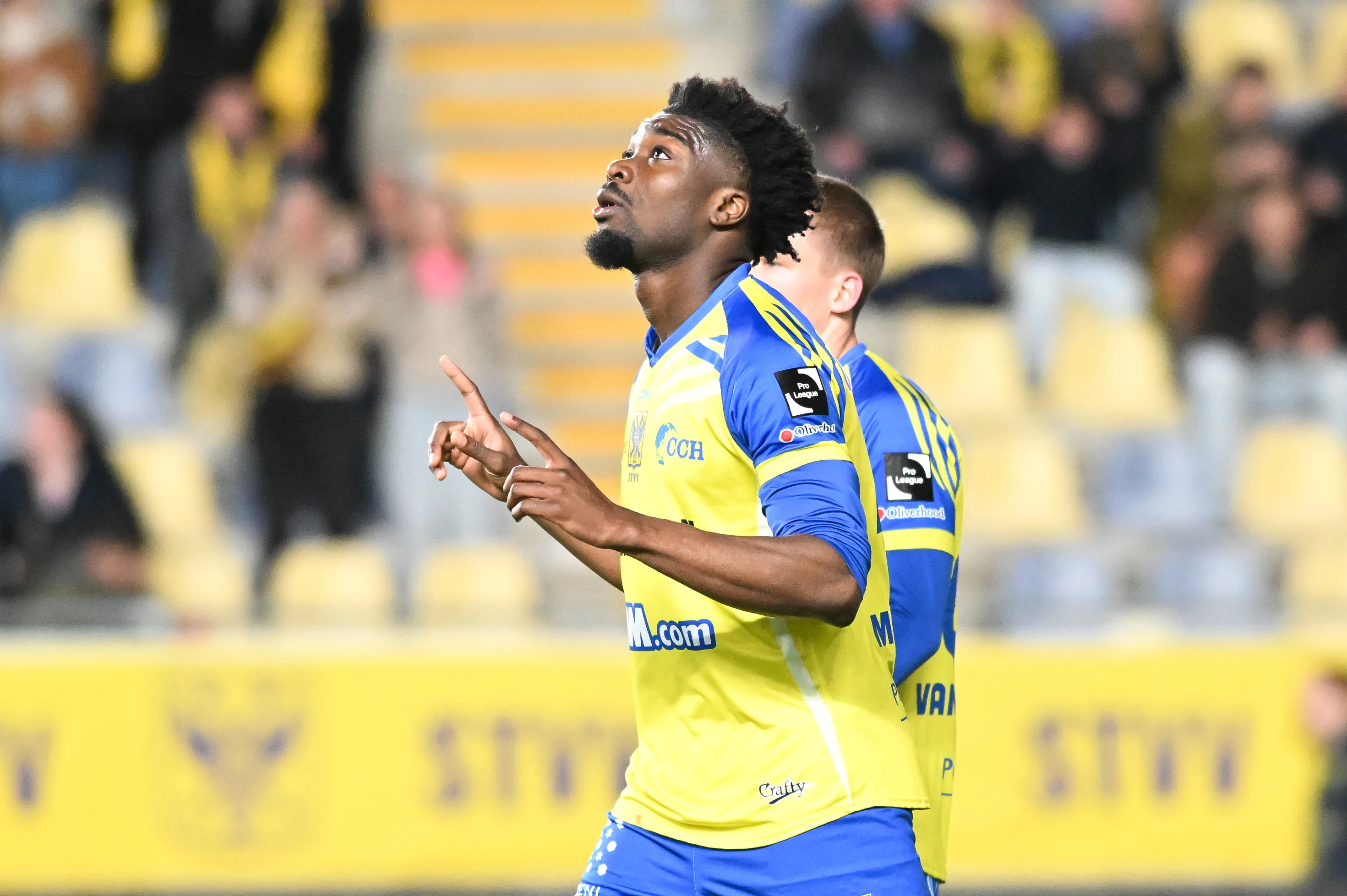 STVV's Loic Mbe Soh celebrates after scoring during a soccer match between Sint-Truiden VV and KAA Gent, Saturday 16 May 2026 in Sint-Truiden, on the eight day of the Champion's Play-offs of the 2025-2026 'Jupiler Pro League' first division of the Belgian championship. BELGA PHOTO JILL DELSAUX