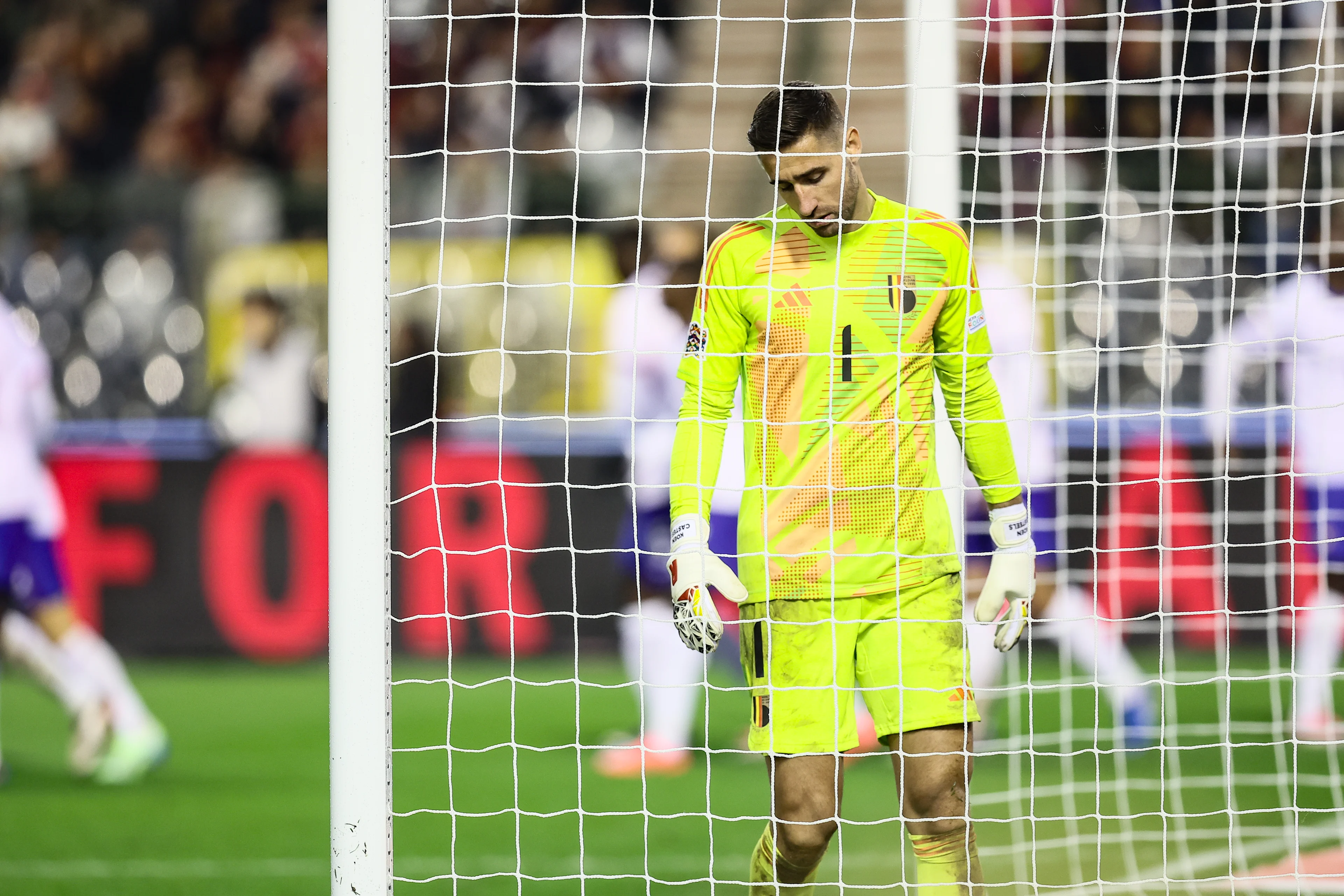 Belgium's goalkeeper Koen Casteels looks dejected during a soccer game between Belgian national soccer team Red Devils and France, match 4 (out of 6) in the League A Group 2 of the UEFA Nations League 2025 competition, Monday 14 October 2024 in Brussels. BELGA PHOTO BRUNO FAHY