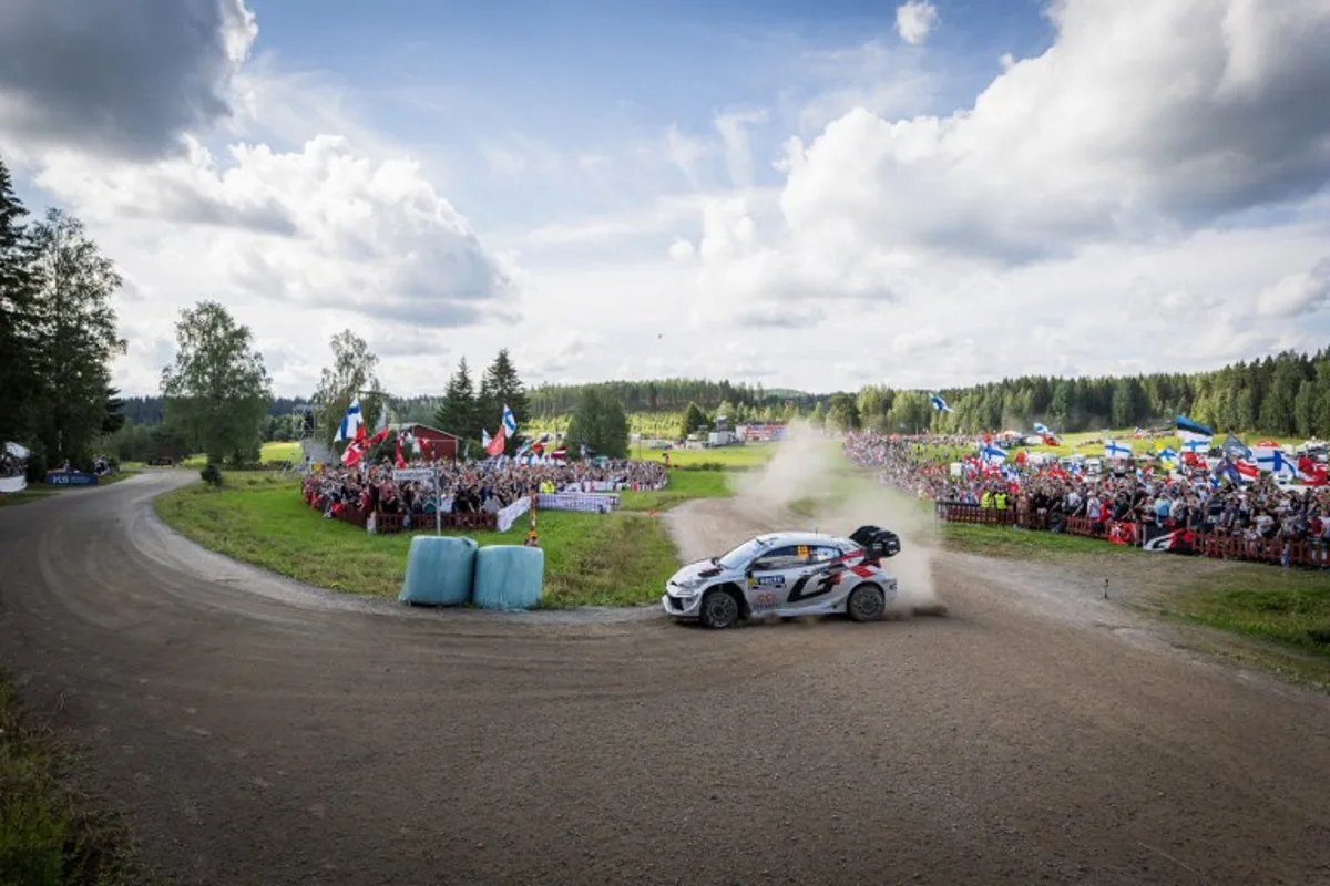 Finnish driver Kalle Rovanpera and co-driver Jonne Halttunen compete in their Toyota GR Yaris car during the Ouninpohja 1 special stage of the WRC Rally Finland in Jyvaskyla, Finland on August 3, 2025. Valtteri Vainio / Lehtikuva / AFP