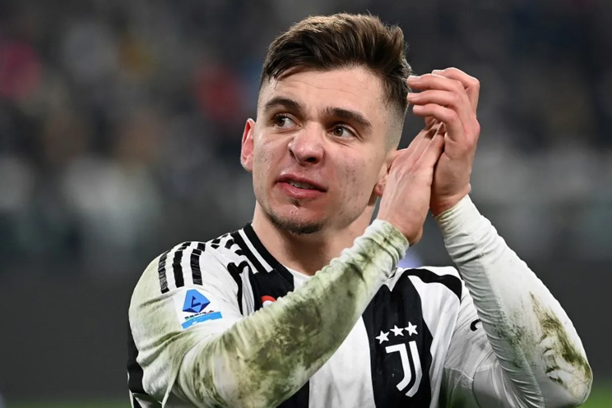 Juventus' Portuguese forward #7 Francisco Conceicao celebrates his team's first goal during the Italian Serie A football match between Juventus and Inter Milan at the Juventus Stadium in Turin on February 16, 2025. Isabella BONOTTO / AFP