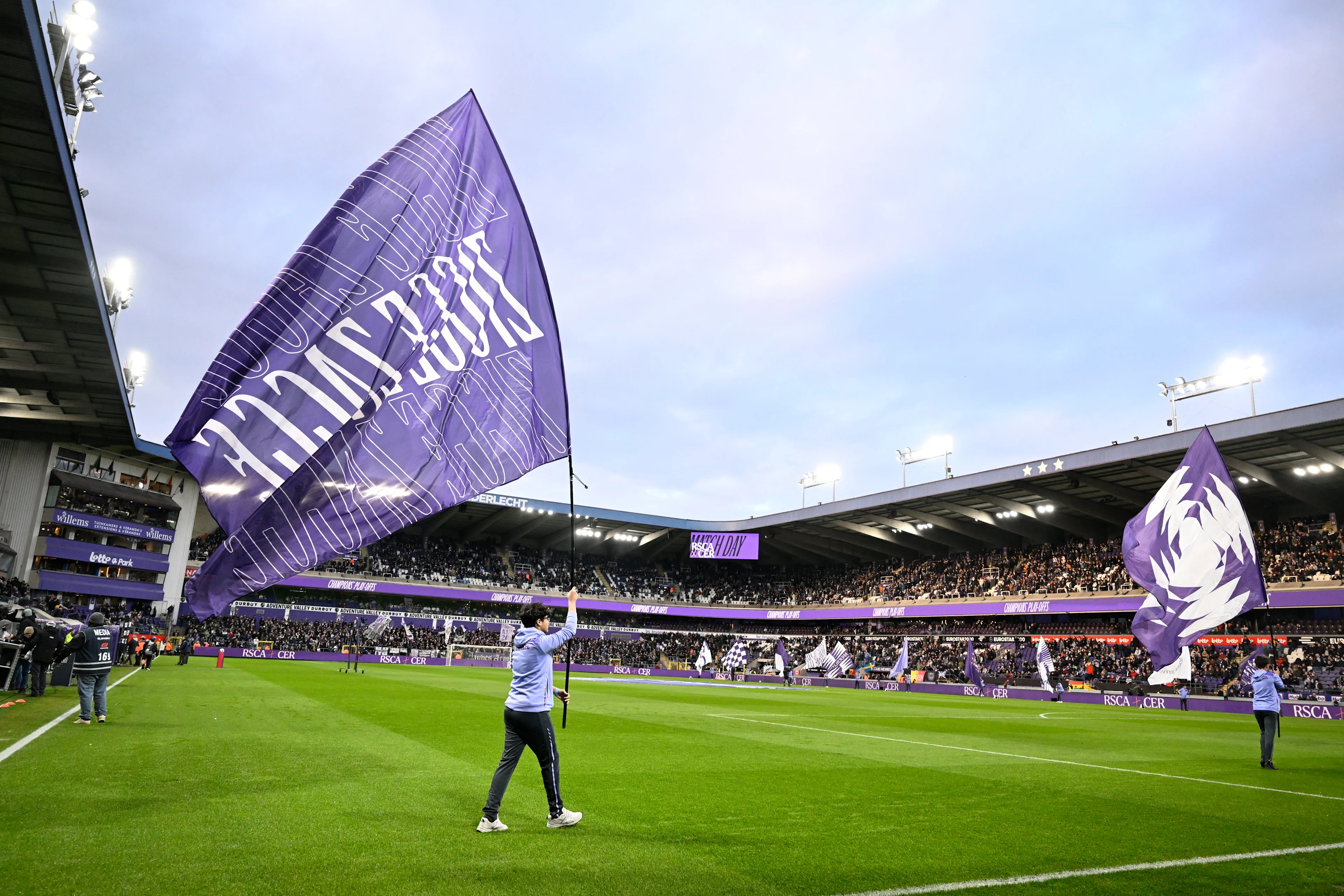 Illustration picture shows flags at the start of a soccer match between RSC Anderlecht and Cercle Brugge, Wednesday 24 April 2024 in Brussels, on day 5 (out of 10) of the Champions' Play-offs of the 2023-2024 'Jupiler Pro League' first division of the Belgian championship. BELGA PHOTO LAURIE DIEFFEMBACQ