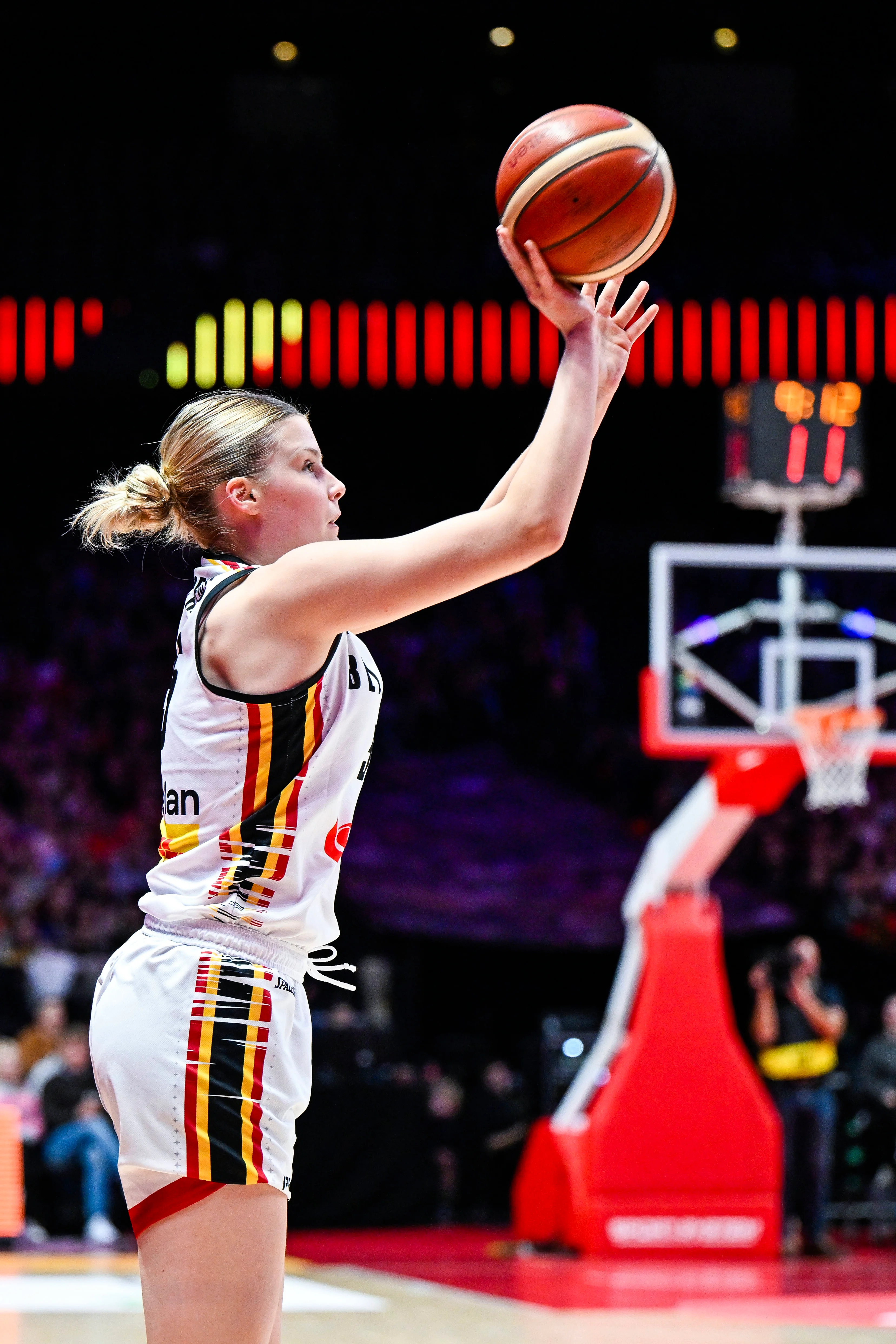 Belgium's Nastja Claessens pictured in action during a basketball game between Belgian national team the Belgian Cats and Lithuania, a qualification game (3/6) for the 2025 Eurobasket tournament, on Thursday 07 November 2024 in Antwerp, Belgium. BELGA PHOTO TOM GOYVAERTS