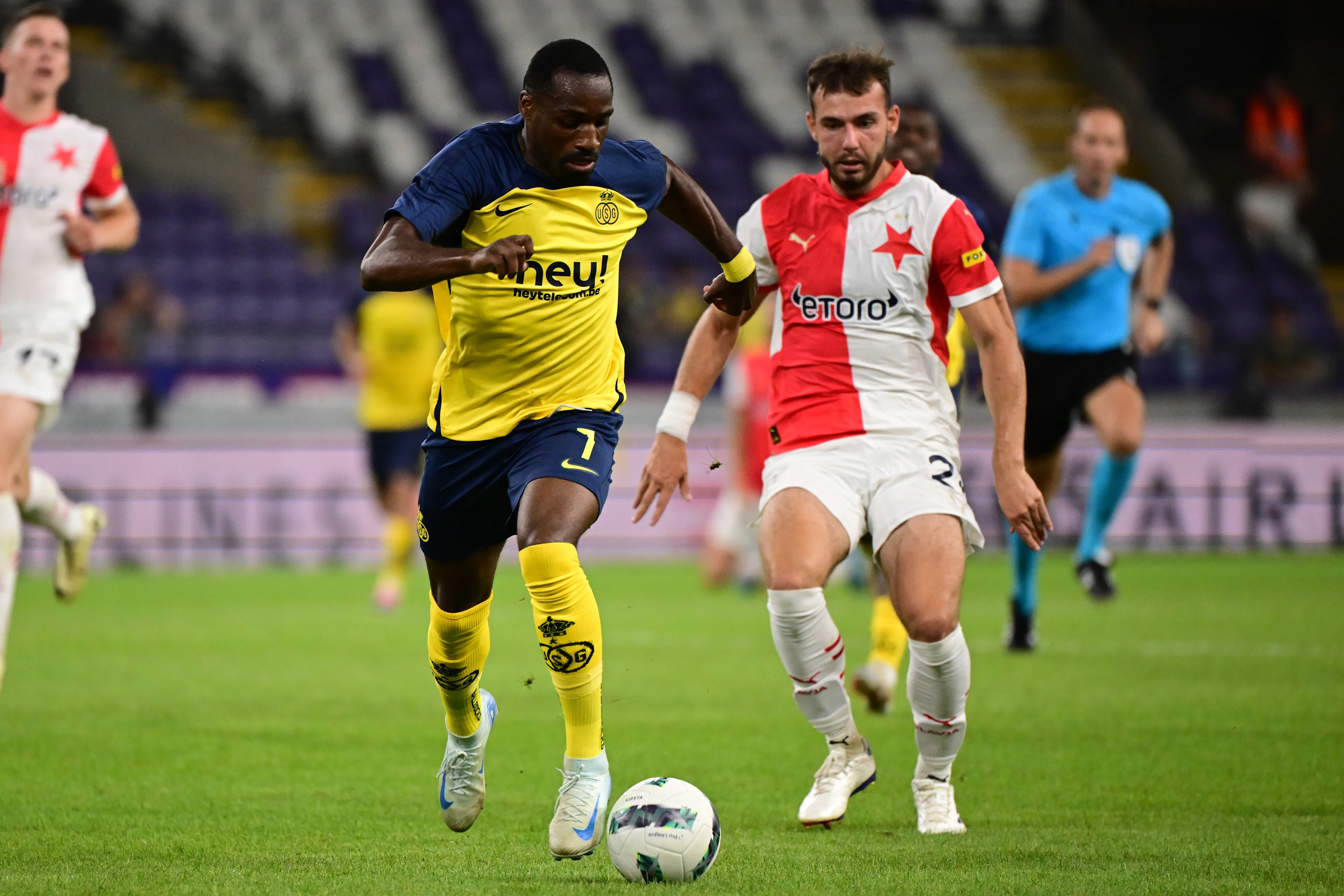 Union's Elton Kabangu and Slavia Prague's Filip Prebsl fight for the ball during a soccer game between Belgian Royale Union Saint-Gilloise and Czech SK Slavia Praha, on Tuesday 13 August 2024 in Anderlecht, Brussels, the return leg of the third qualifying round for the UEFA Champions League competition. Praha won the first leg 3-1. BELGA PHOTO LAURIE DIEFFEMBACQ